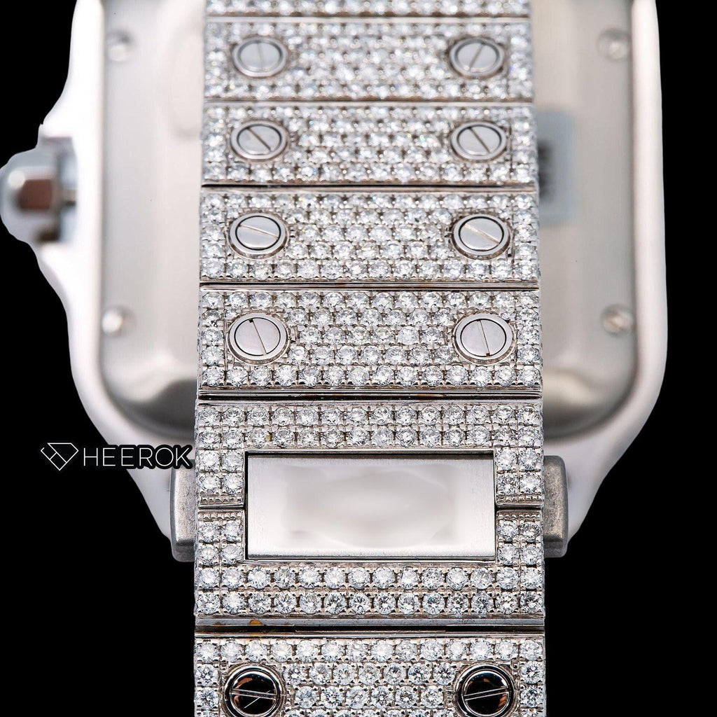 Cartier Santos White Dial Black Roman Numerals Diamond Bezel Fully Iced Moissanite Diamond Watch