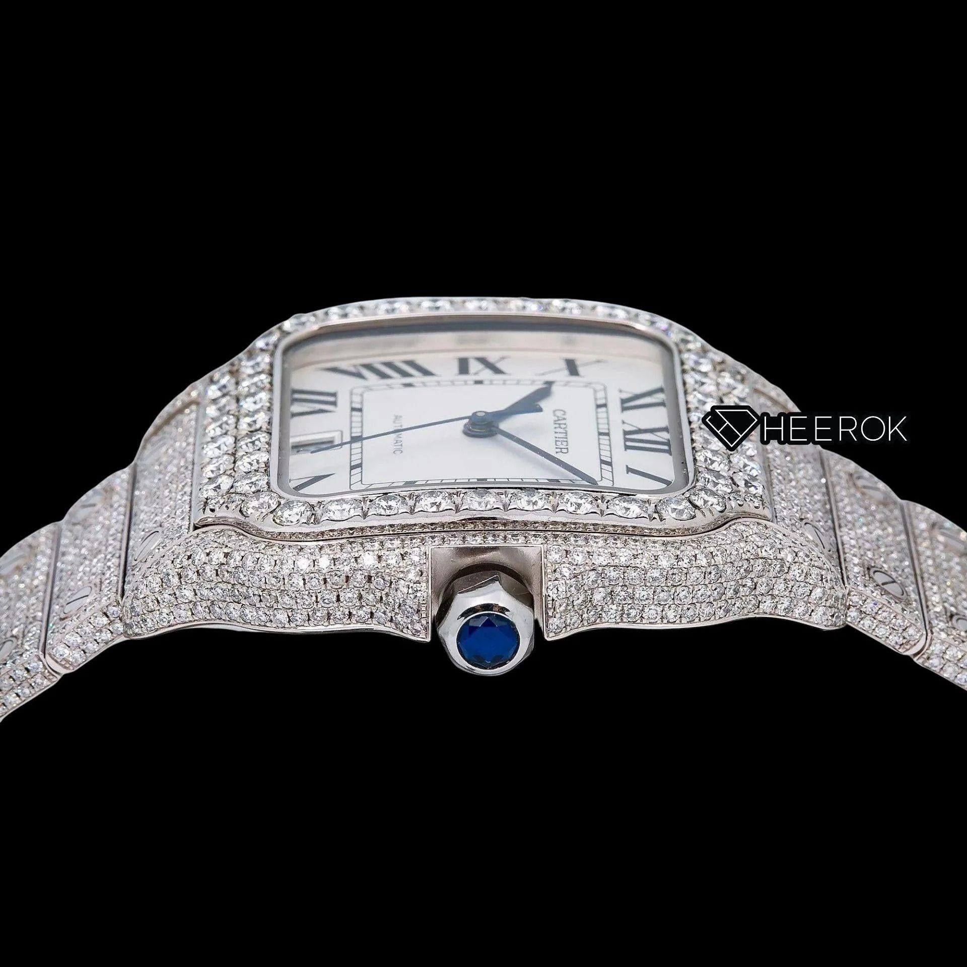 Cartier Santos White Dial Black Roman Numerals Diamond Bezel Fully Iced Moissanite Diamond Watch