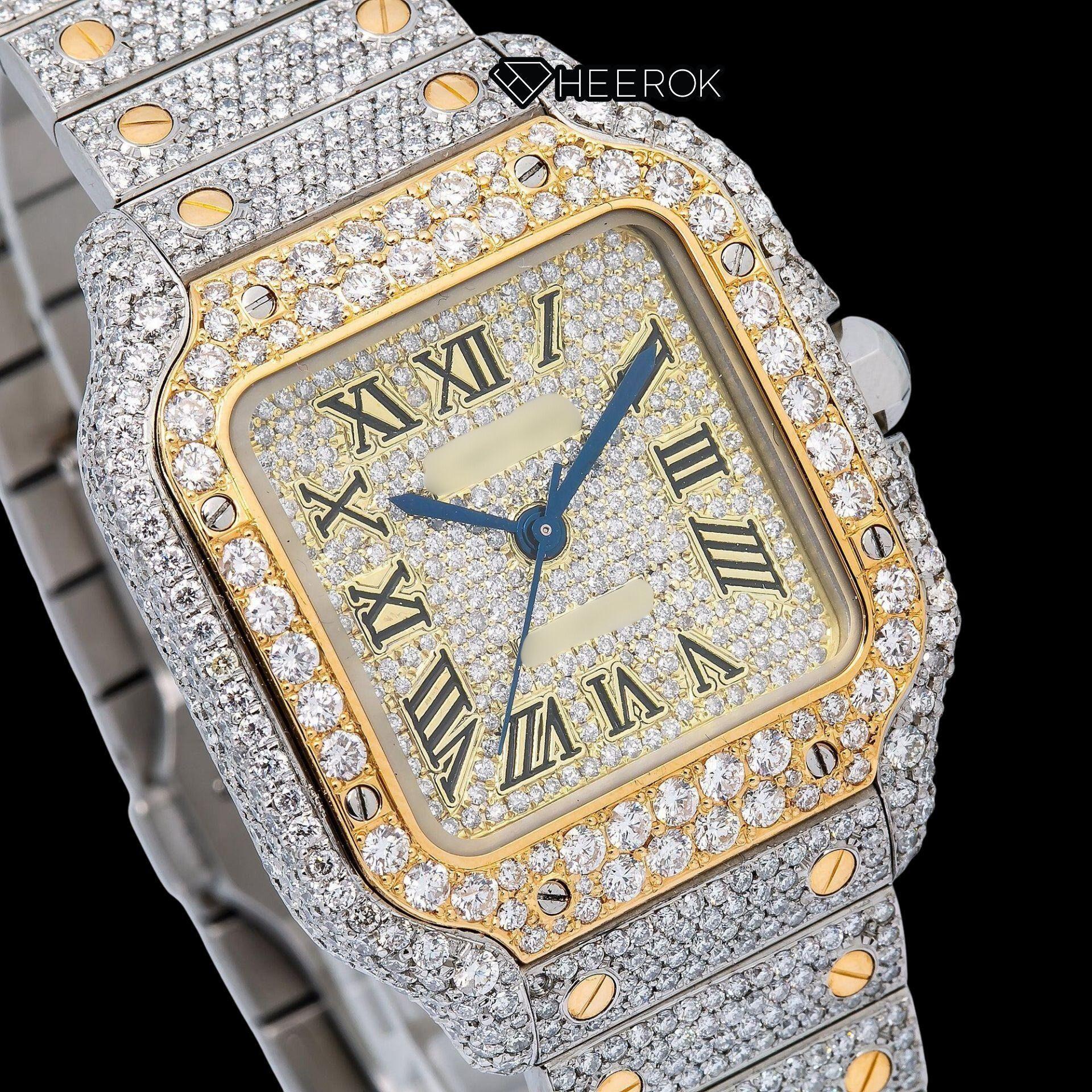 Cartier Santos Yellow Dial Black Roman Numerals Diamond Bezel Two Tone Yellow Gold Fully Iced Moissanite Diamond Watch For Women