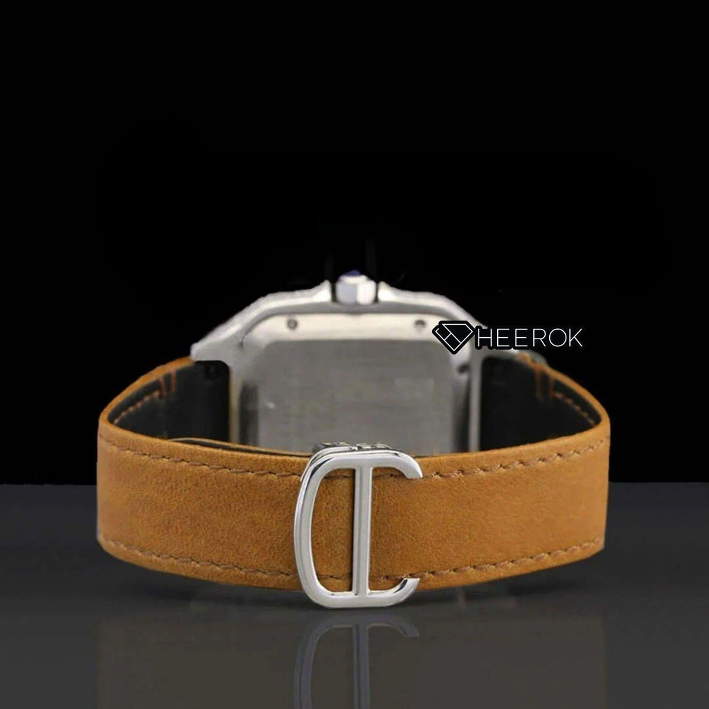 Cartier Santos Yellow Dial Roman Numerals Diamond Bezel Moissanite Diamond Brown Leather Strap