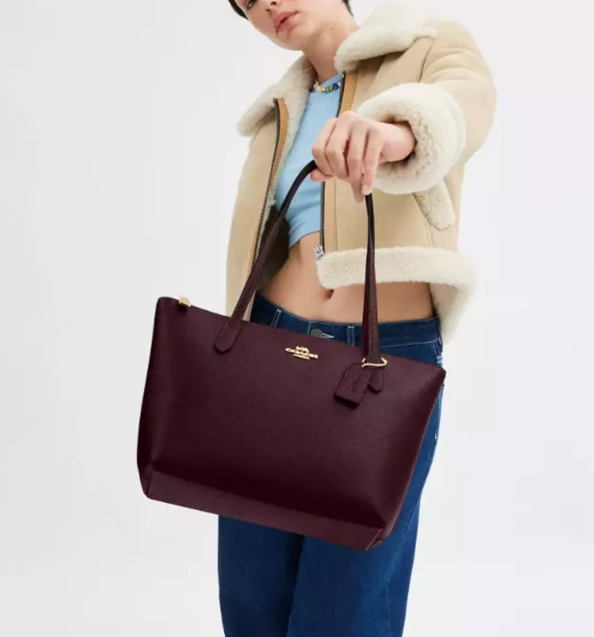 NWT Coach Leather Fiona Zip Tote In Gold/Wine