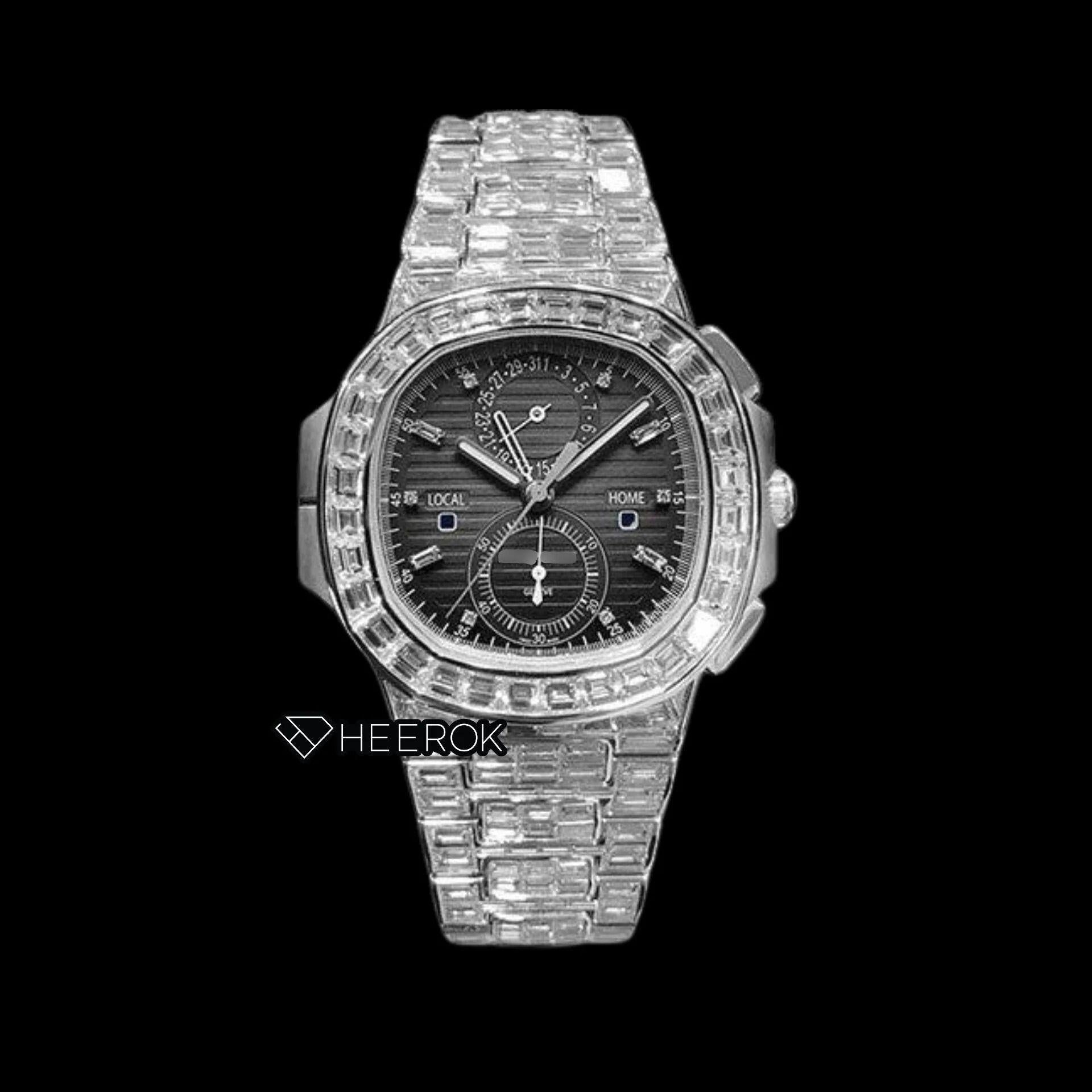 Patek Philippe Nautilus Black Dial Baguette Diamond Markers Diamond Bezel Moissanite Diamond Baguette Bracelet