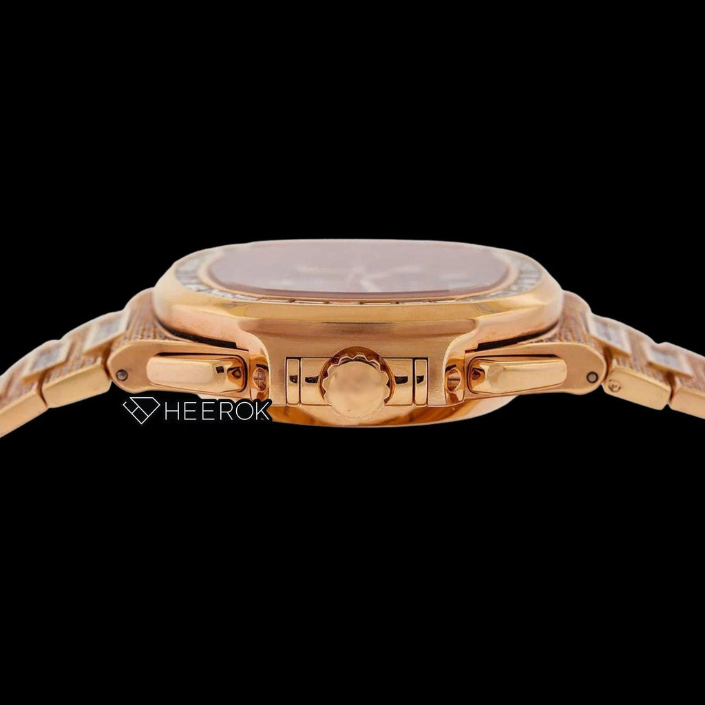 Patek Philippe Nautilus Brown Dial Baguette Diamond Markers Diamond Bezel Rose Gold Moissanite Diamond