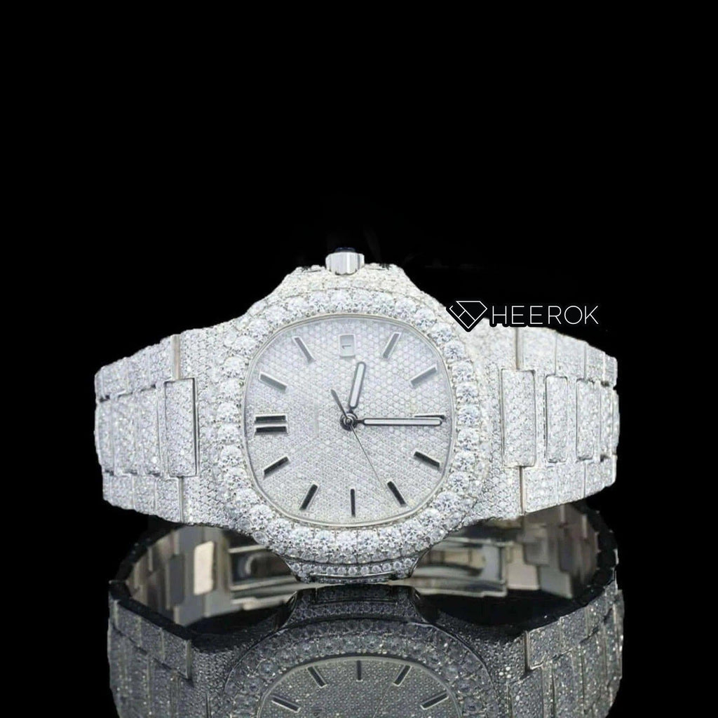 Patek Philippe Nautilus Full Pave Dial Stick Markers Diamond Bezel Fully Iced Moissanite Diamond Watch