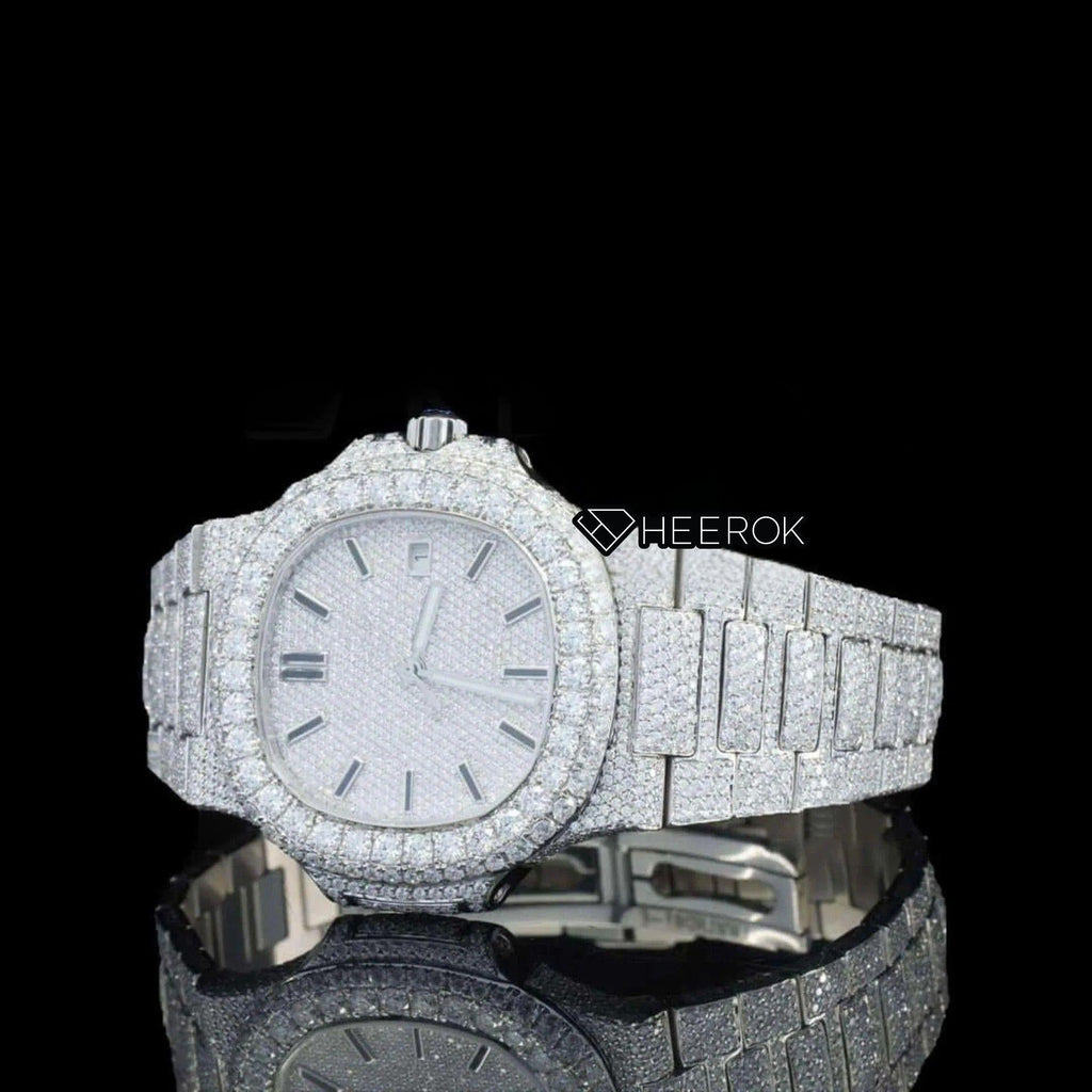 Patek Philippe Nautilus Full Pave Dial Stick Markers Diamond Bezel Fully Iced Moissanite Diamond