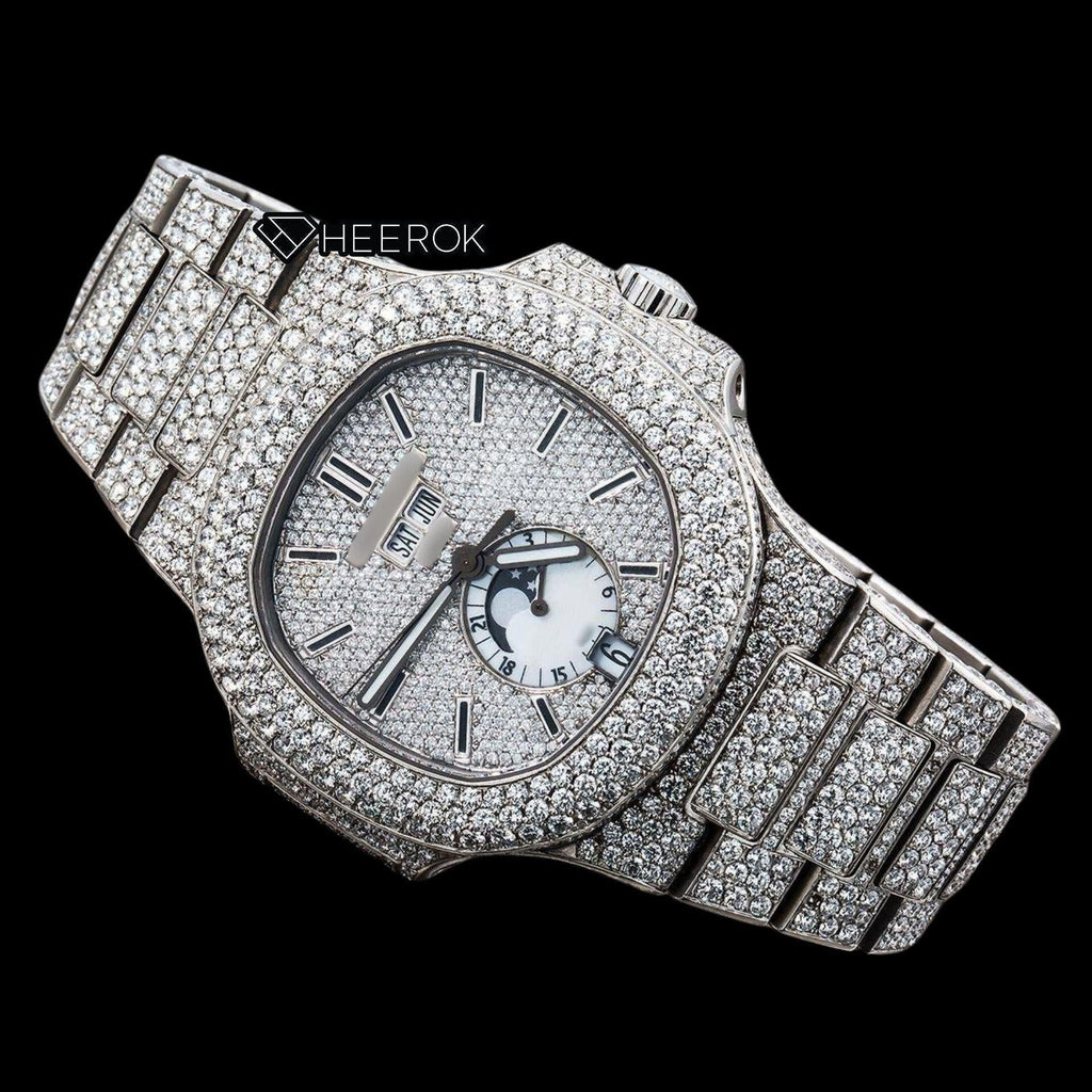 Patek Philippe Nautilus Moonphase Dial Black Stick Markers Diamond Bezel Fully Iced Moissanite Diamond