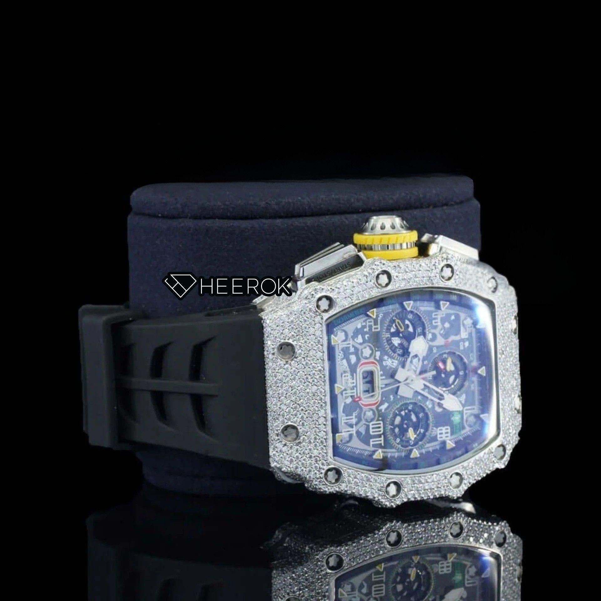 Richard Mille RM Tonneau Case Black Dial Chronograph Diamond Bezel Semi Iced Moissanite Diamond Black Rubber Strap