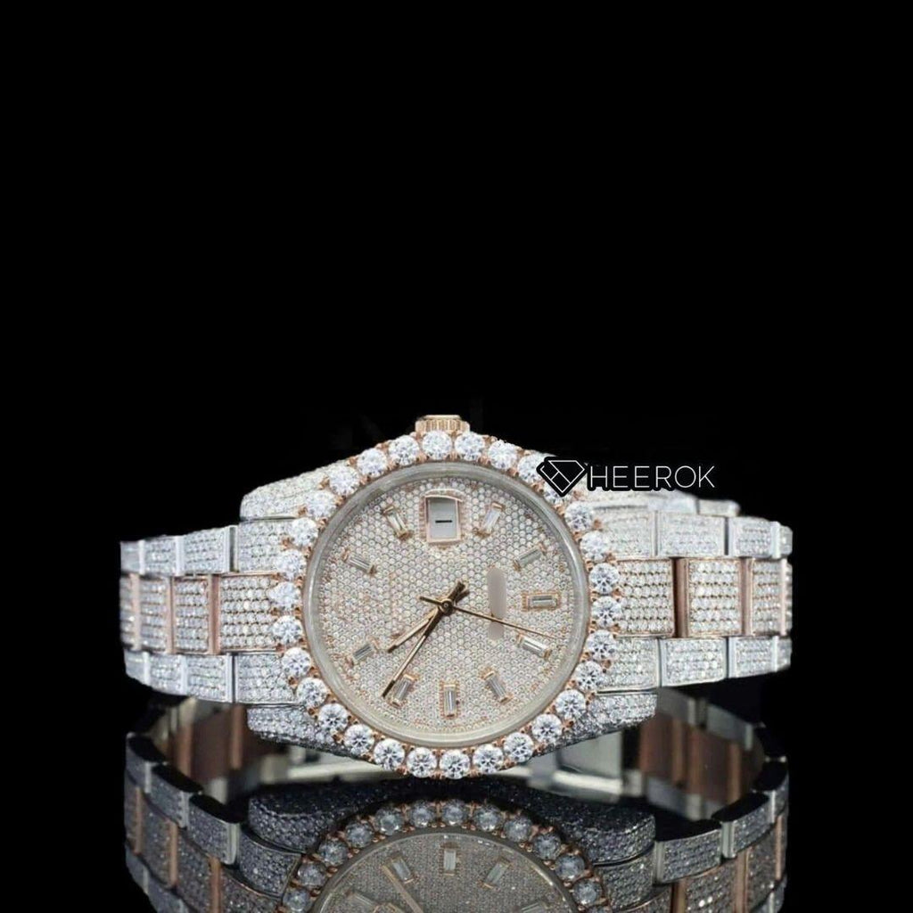 Rolex Datejust Baguette Diamond Dial Large Round Diamond Bezel Two Tone Rose Gold Moissanite Diamond Oyster Bracelet