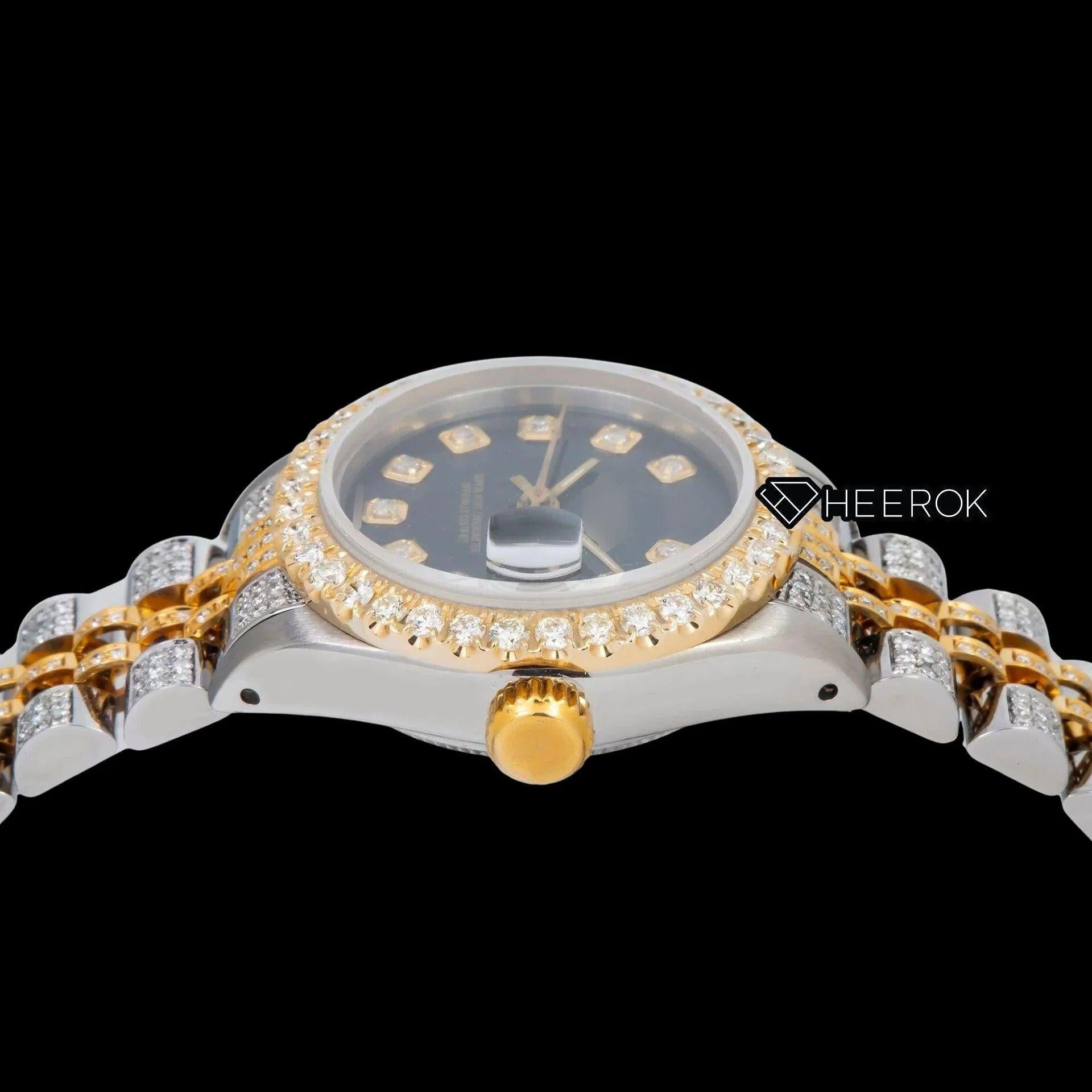 Rolex Datejust Black Dial Diamond Markers Diamond Bezel Two Tone Yellow Gold Fully Iced Moissanite Diamond Jubilee Bracelet For Women