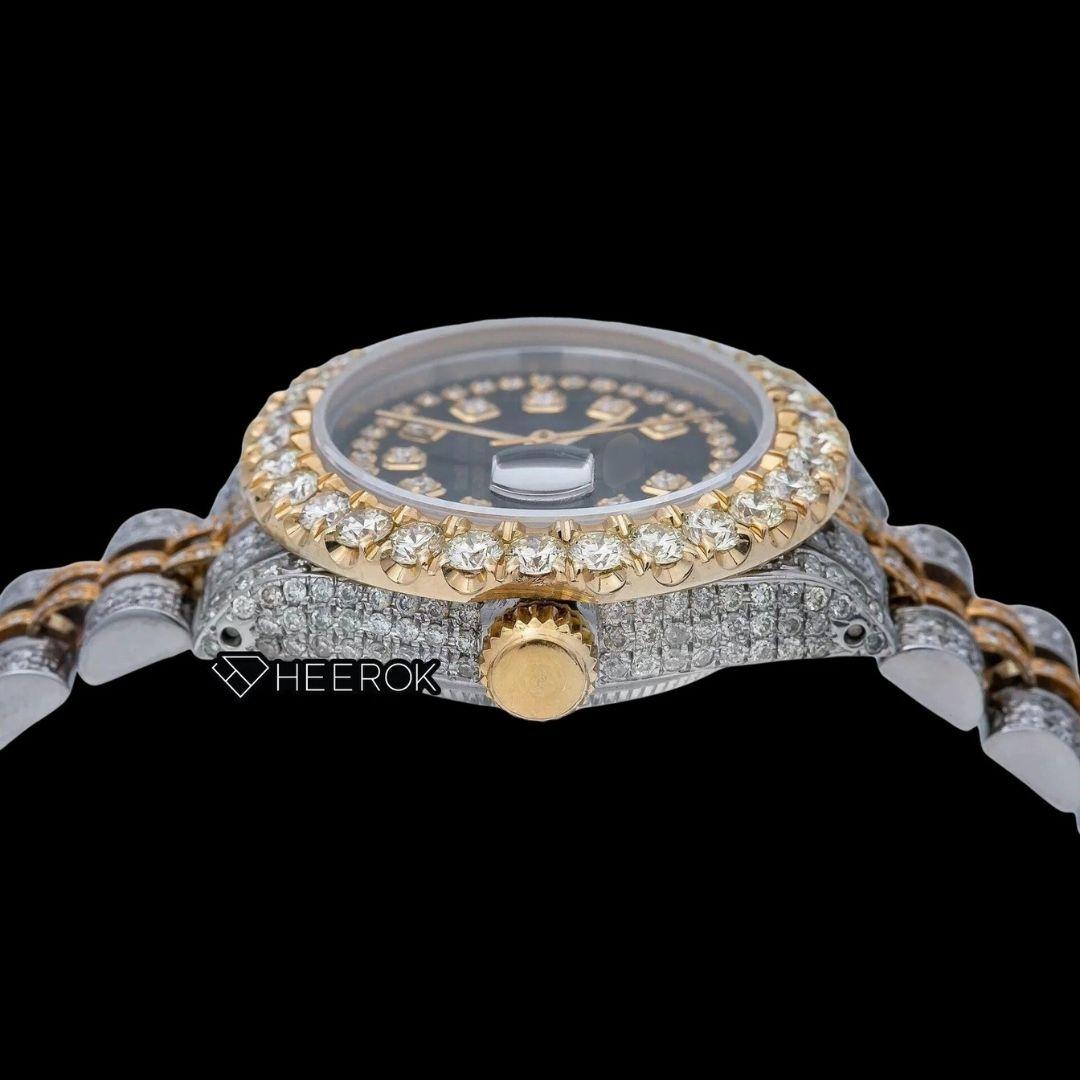 Rolex Datejust Black Dial Diamond Markers Large Round Diamond Bezel Two Tone Yellow Gold Moissanite Diamond Jubilee Bracelet For Women