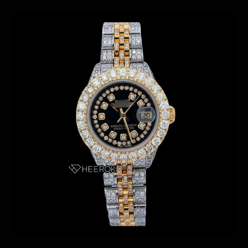 Rolex Datejust Black Dial Diamond Markers Large Round Diamond Bezel Two Tone Yellow Gold Moissanite Diamond Jubilee Bracelet For Women