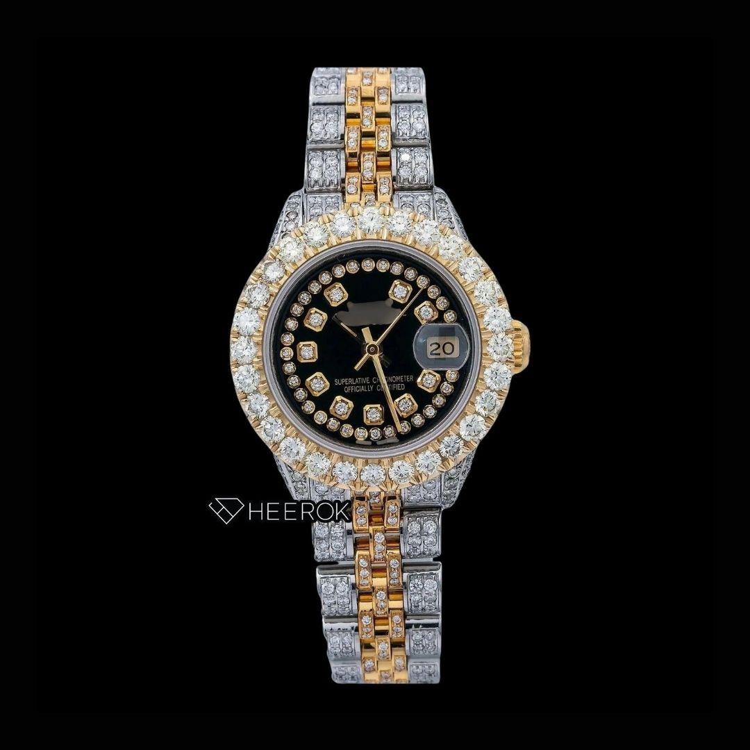 Rolex Datejust Black Dial Diamond Markers Large Round Diamond Bezel Two Tone Yellow Gold Moissanite Diamond Jubilee Bracelet For Women