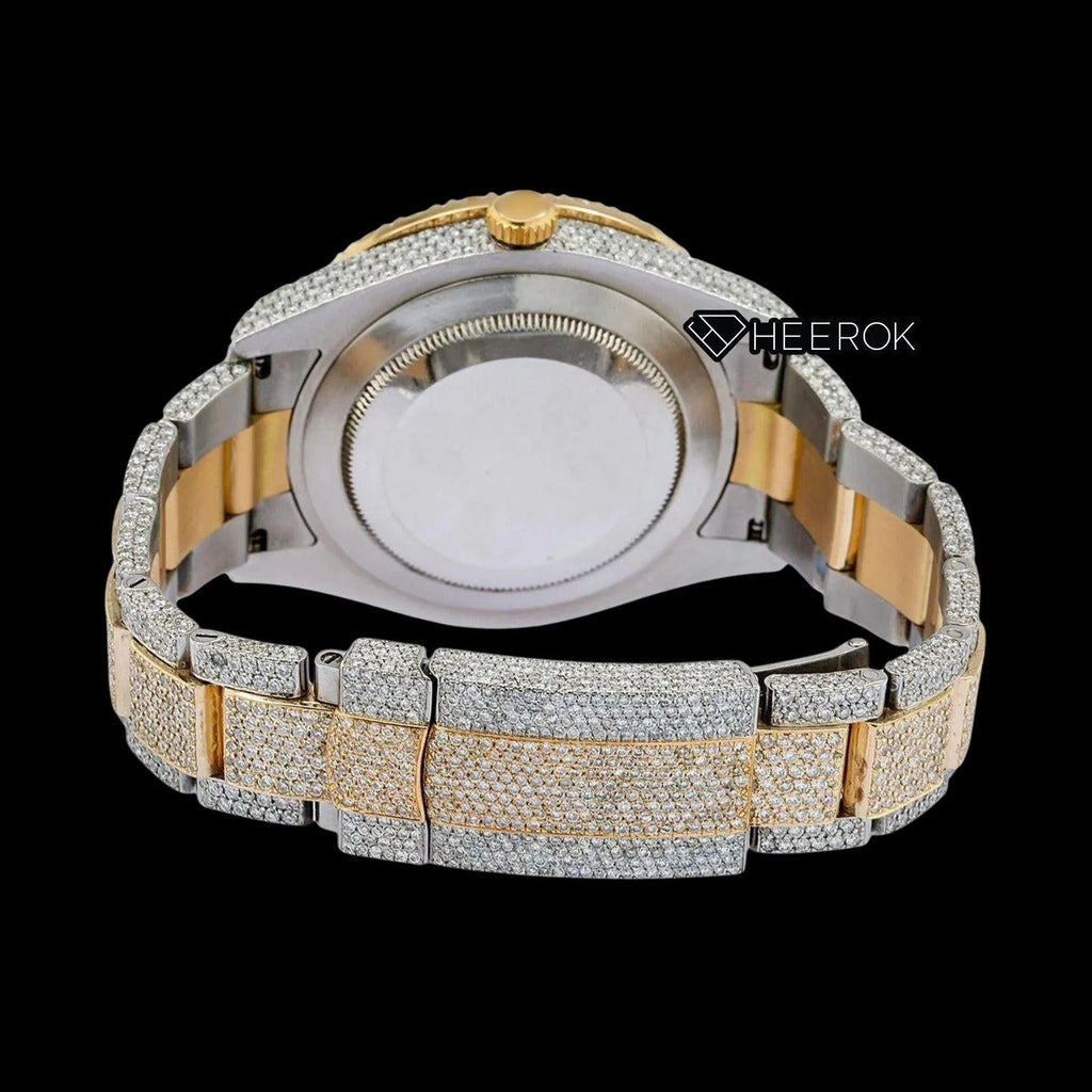 Rolex Datejust Black Dial Standard Numerals Large Round Diamond Bezel Two Tone Yellow Gold Fully Iced Moissanite Diamond Oyster Bracelet Watch