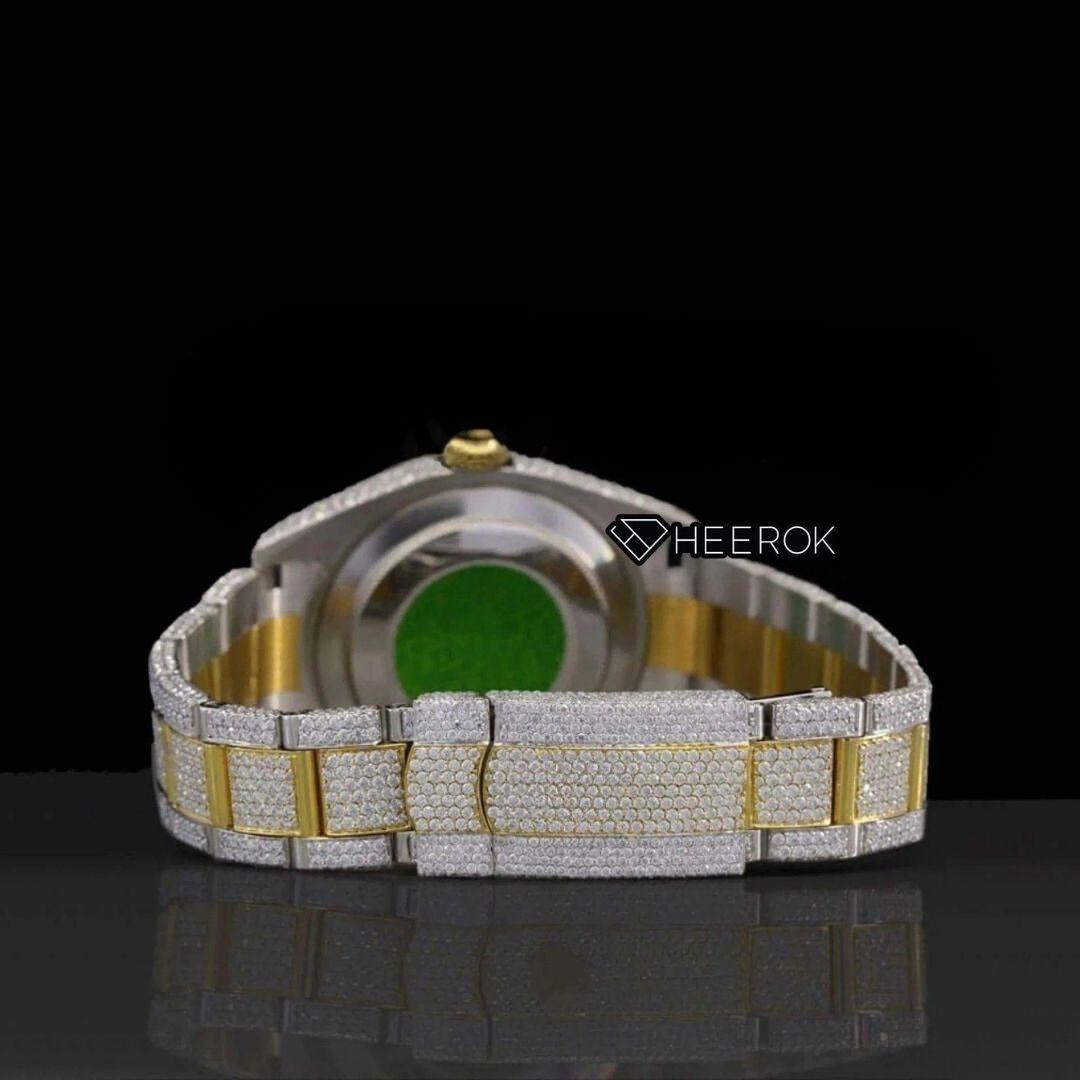 Rolex Datejust Black Stick Markers Dial Diamond Bezel Two Tone Yellow Gold Iced Out Moissanite Diamond Oyster Bracelet