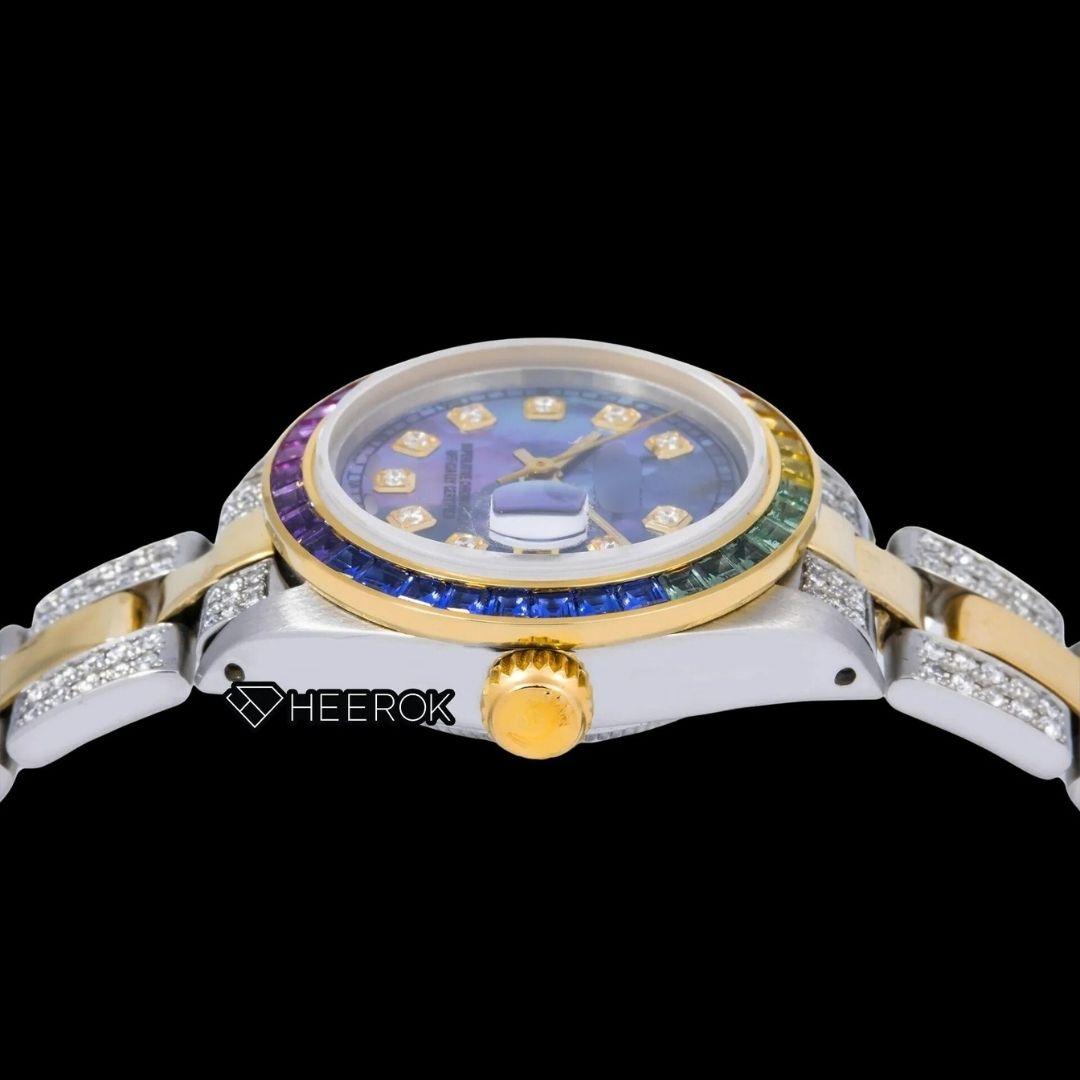 Rolex Datejust Blue Dial Diamond Markers Rainbow Diamond Bezel Two Tone Yellow Gold Moissanite Diamond Oyster Bracelet For Women