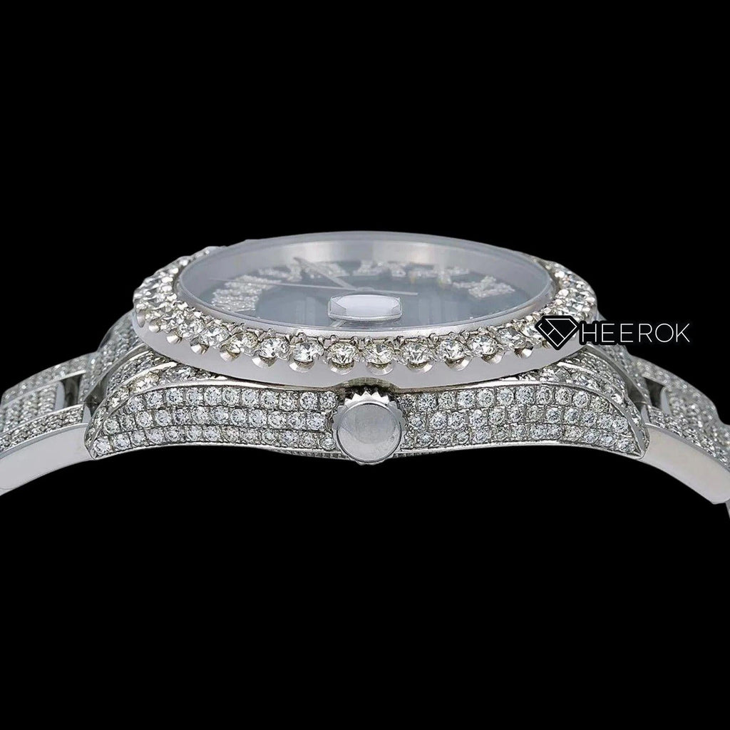Rolex Datejust Blue Dial Roman Diamond Numerals Diamond Bezel Fully Iced Moissanite Diamond Oyster Bracelet For Women