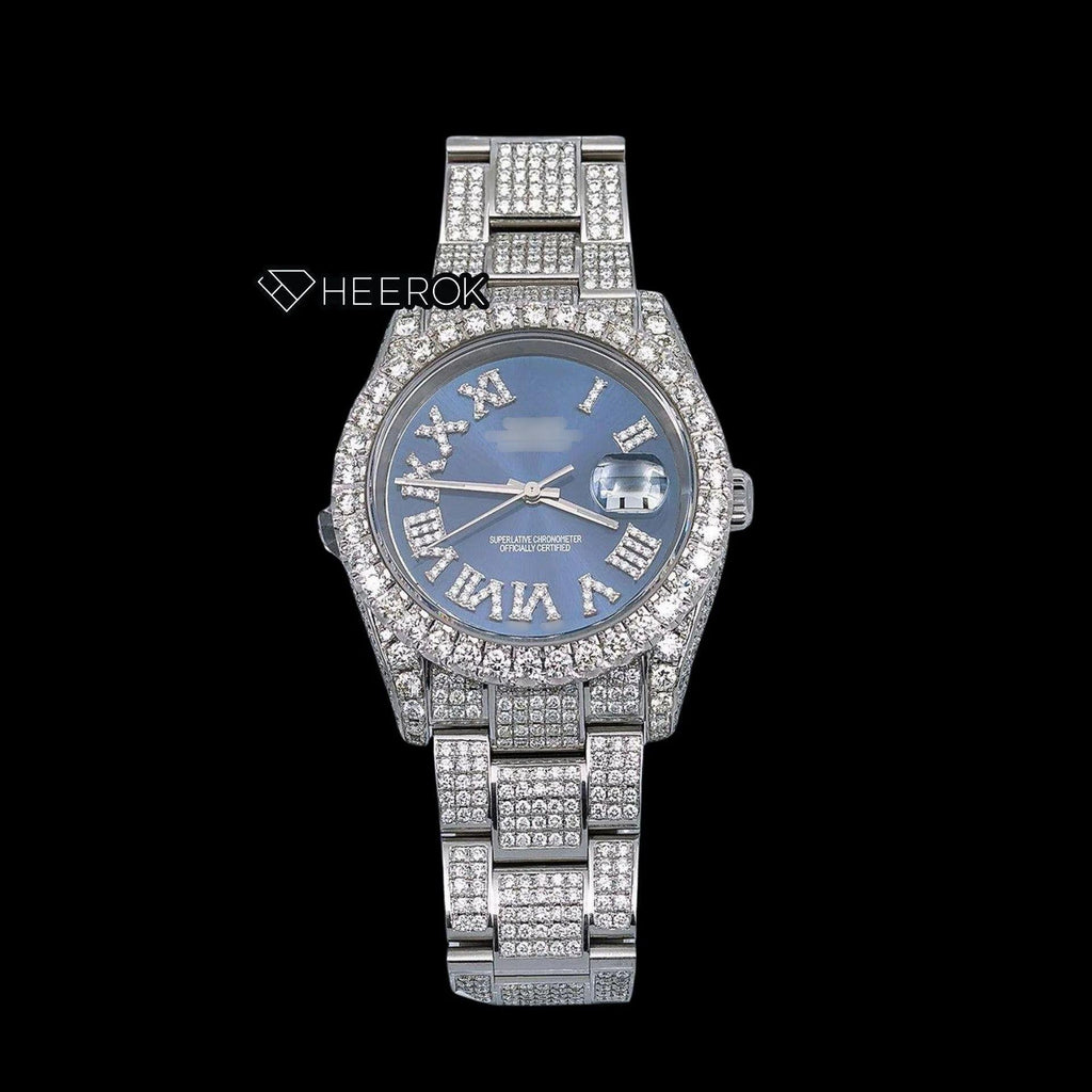Rolex Datejust Blue Dial Roman Diamond Numerals Diamond Bezel Fully Iced Moissanite Diamond Oyster Bracelet For Women