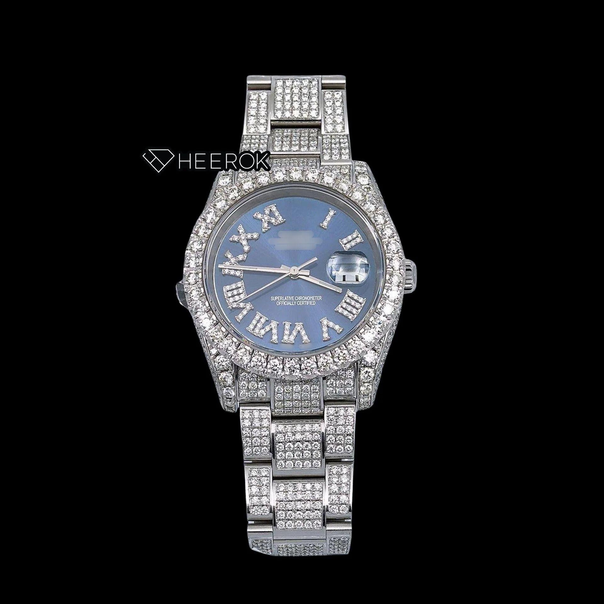 Rolex Datejust Blue Dial Roman Diamond Numerals Diamond Bezel Fully Iced Moissanite Diamond Oyster Bracelet For Women