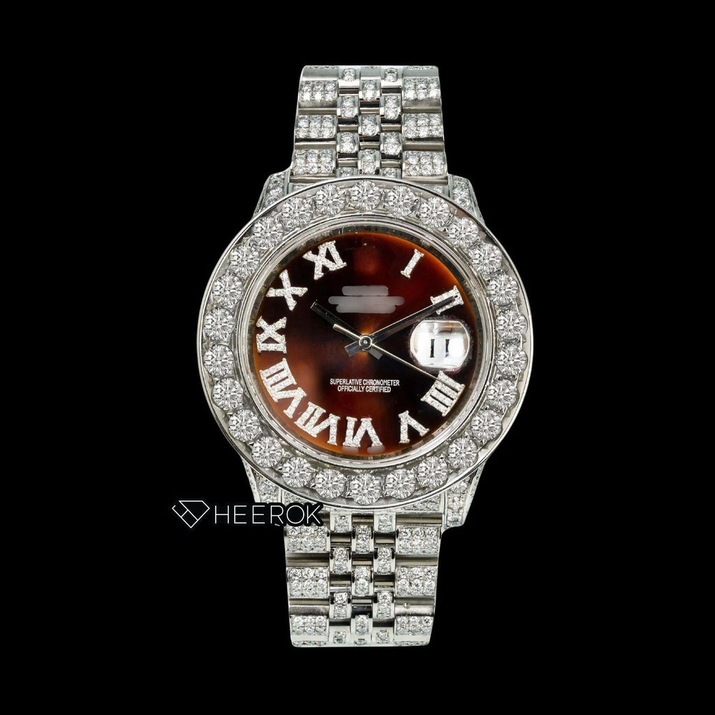 Rolex Datejust Brown Dial Roman Diamond Numerals Diamond Bezel Fully Iced Moissanite Diamond Jubilee Bracelet For Women