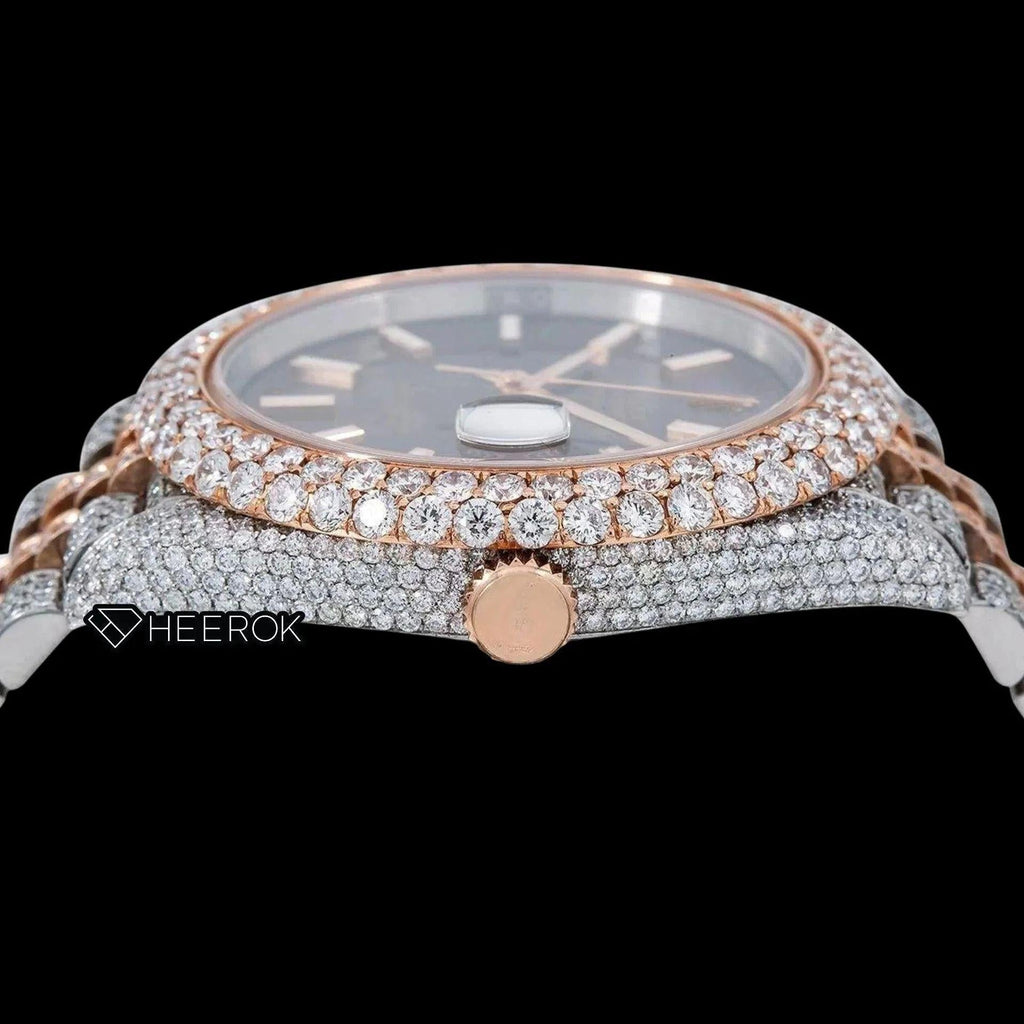Rolex Datejust Brown Dial White Stick Markers Diamond Bezel Two Tone Rose Gold Fully Iced Moissanite Diamond Jubilee Bracelet For Women