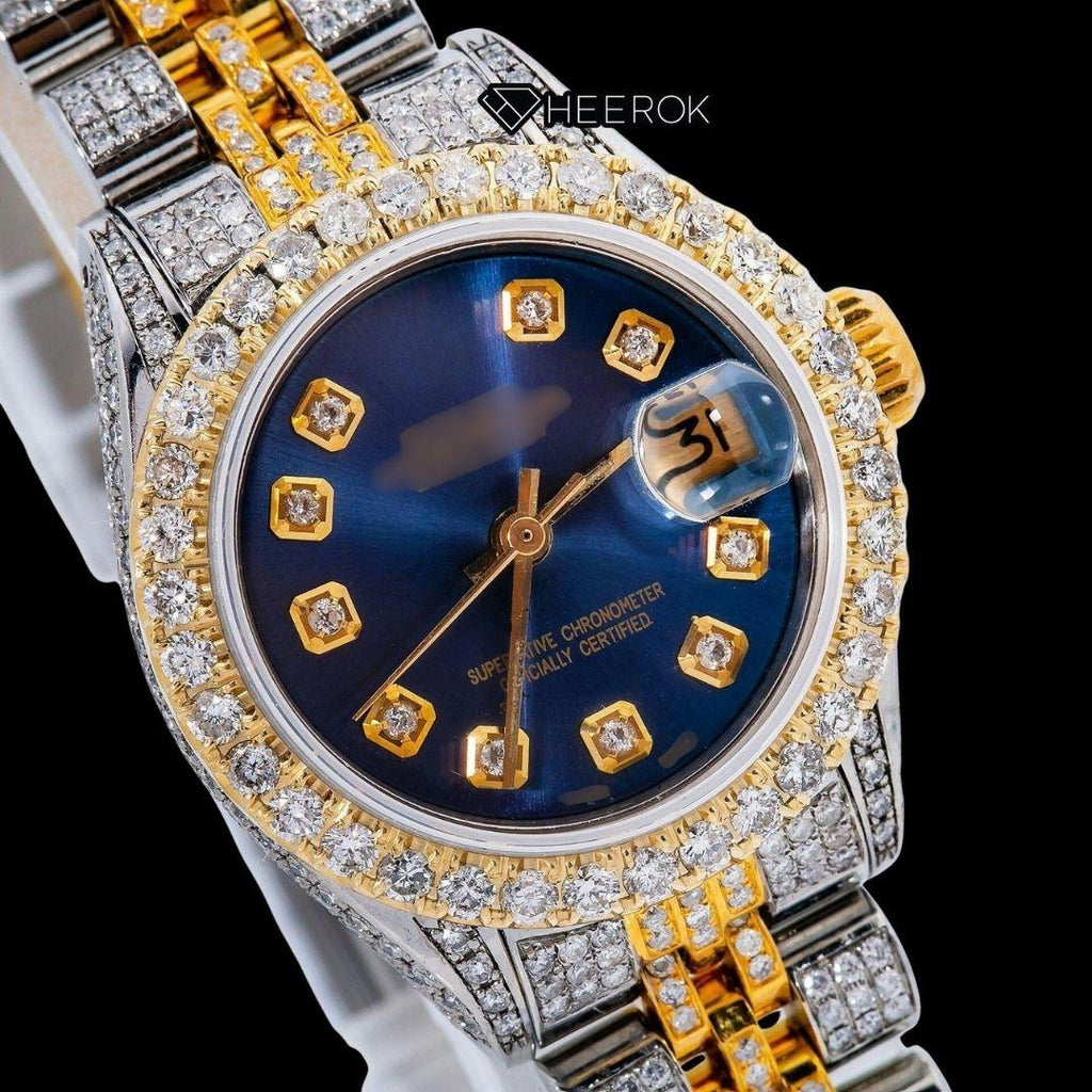 Rolex Datejust Diamond Markers Blue Dial Large Diamond Bezel Two Tone Yellow Gold Moissanite Diamond Jubilee Bracelet For Women