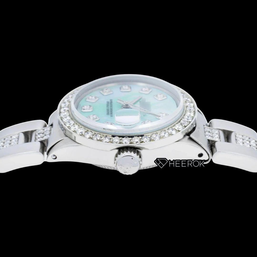 Rolex Datejust Diamond Markers Blue Mother of Pearl Dial Diamond Bezel Semi Iced Moissanite Diamond Oyster Bracelet For Women