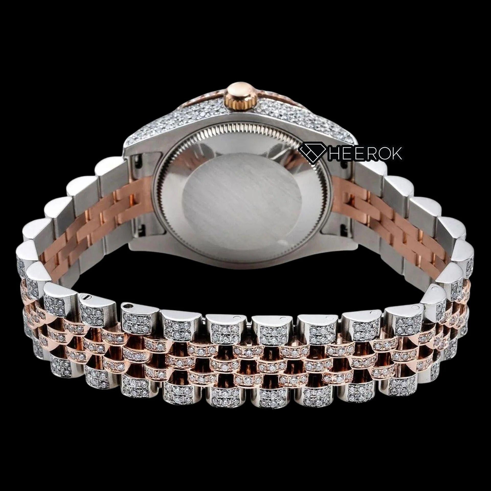 Rolex Datejust Diamond Paved Dial Blue Arabic Numerals Diamond Bezel Two Tone Rose Gold Fully Iced Moissanite Diamond Jubilee Bracelet For Women