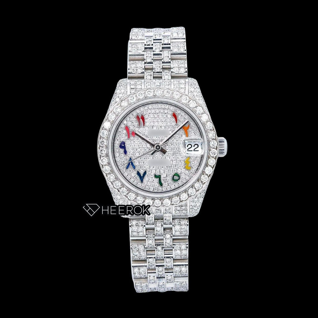Rolex Datejust Diamond Paved Dial Multicolor Arabic Numerals Diamond Bezel Moissanite Diamond Jubilee Bracelet For Women