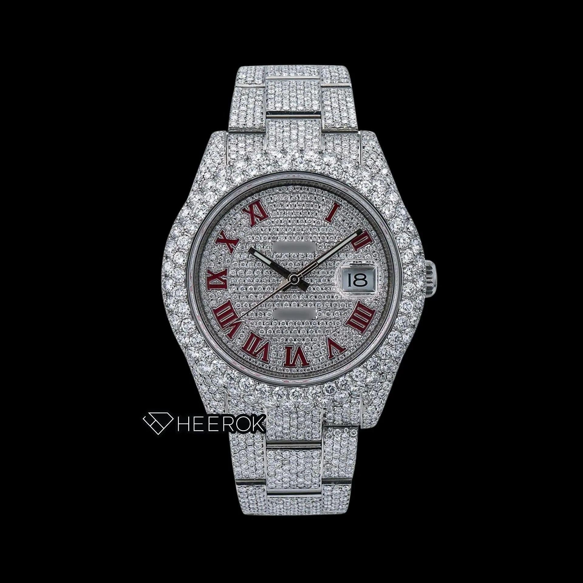 Rolex Datejust Diamond Paved Dial Pink Roman Numerals Diamond Bezel Fully Iced Moissanite Diamond Oyster Bracelet Watch