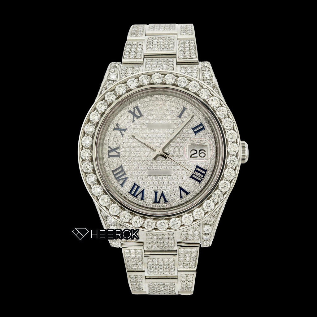 Rolex Datejust Diamond Paved Dial Roman Numerals Diamond Bezel Fully Iced Out Moissanite Diamond Oyster Bracelet Watch