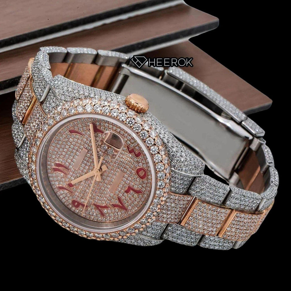 Rolex Datejust Full Diamond Paved Dial Red Arabic Numerals Diamond Bezel Two Tone Rose Gold Fully Iced Moissanite Diamond Oyster Bracelet For Women