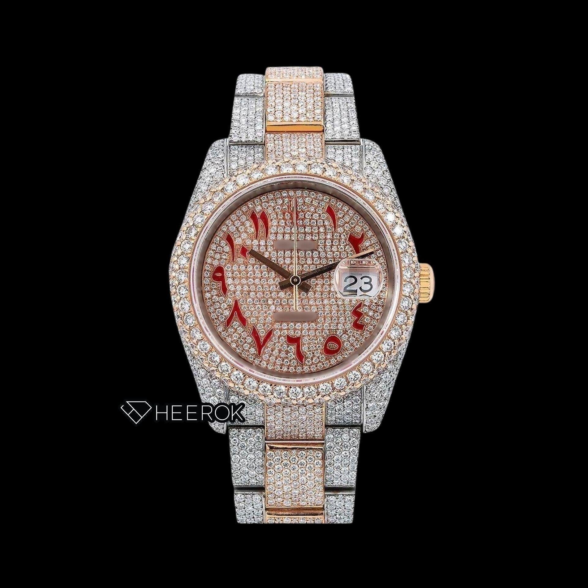 Rolex Datejust Full Diamond Paved Dial Red Arabic Numerals Diamond Bezel Two Tone Rose Gold Fully Iced Moissanite Diamond Oyster Bracelet For Women