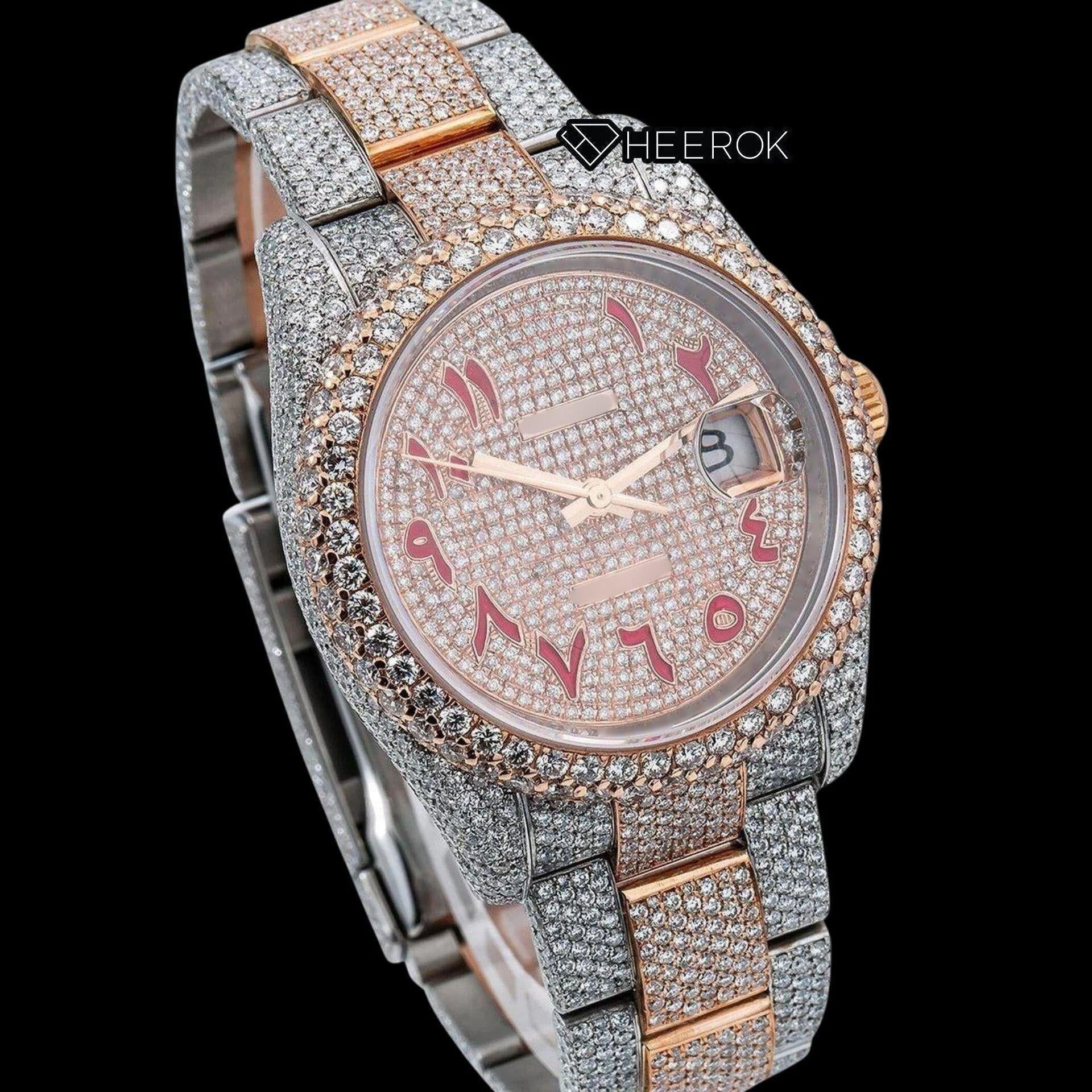 Rolex Datejust Full Diamond Paved Dial Red Arabic Numerals Diamond Bezel Two Tone Rose Gold Fully Iced Moissanite Diamond Oyster Bracelet For Women