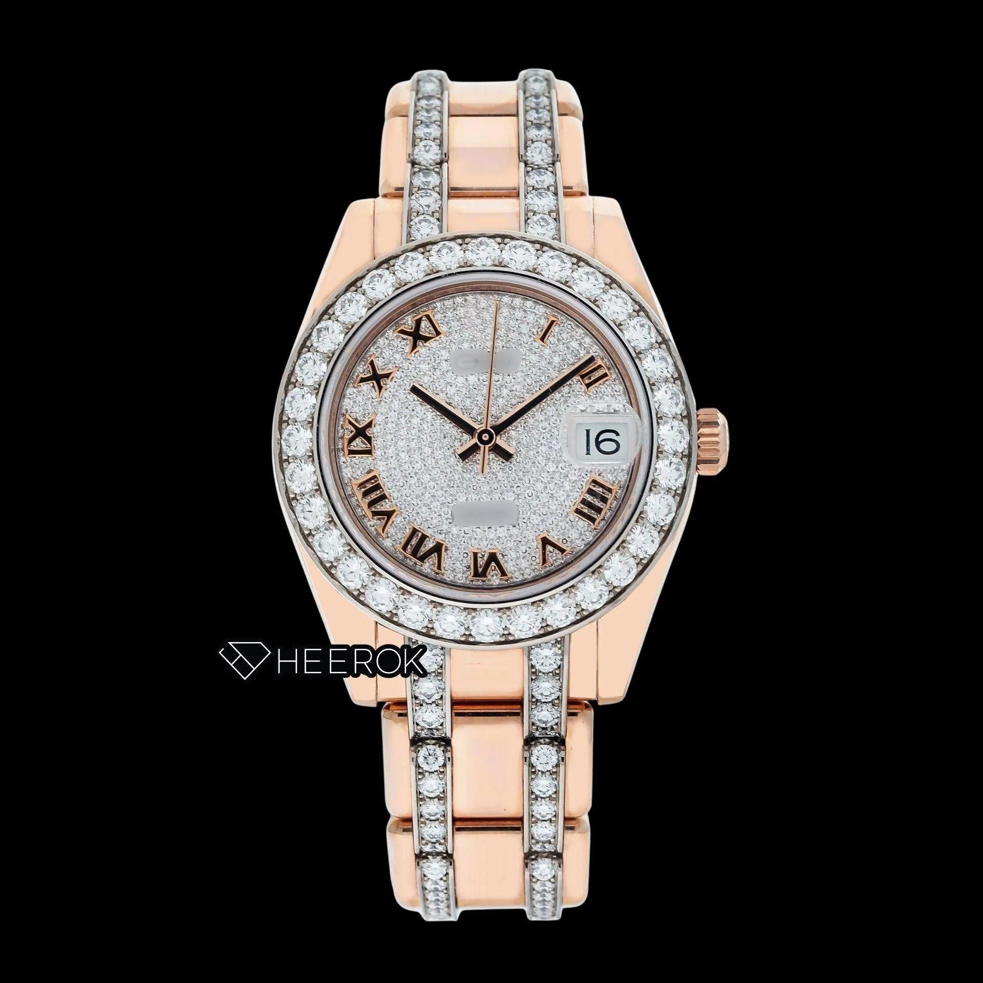 Rolex Datejust Full Pave Diamond Dial Roman Numerals Diamond Bezel Rose Gold Semi Iced Moissanite Diamond President Bracelet For Women