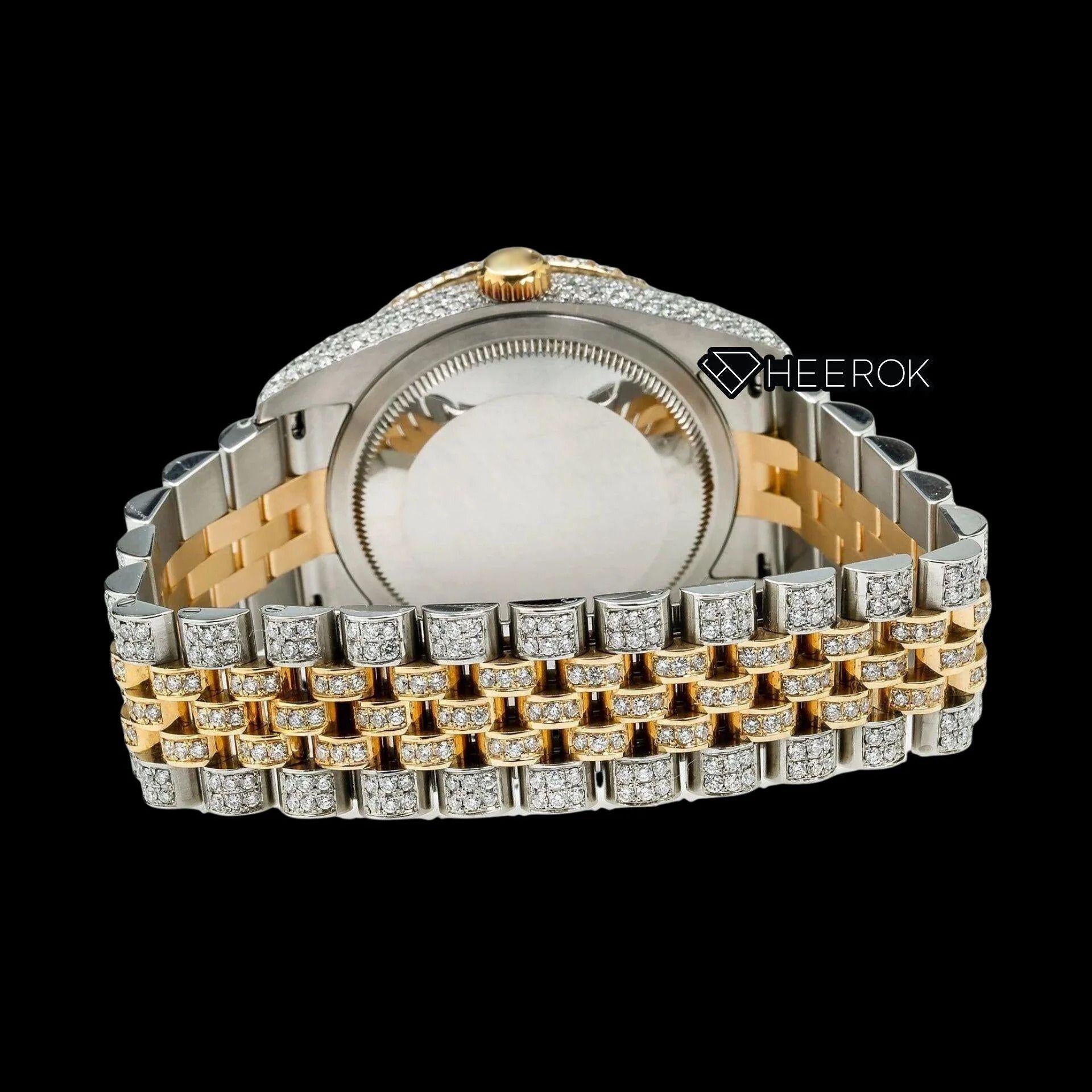 Rolex Datejust Full Pave Yellow Dial Red Arabic Numerals Diamond Bezel Two Tone Yellow Gold Moissanite Diamond Jubilee Bracelet For Women