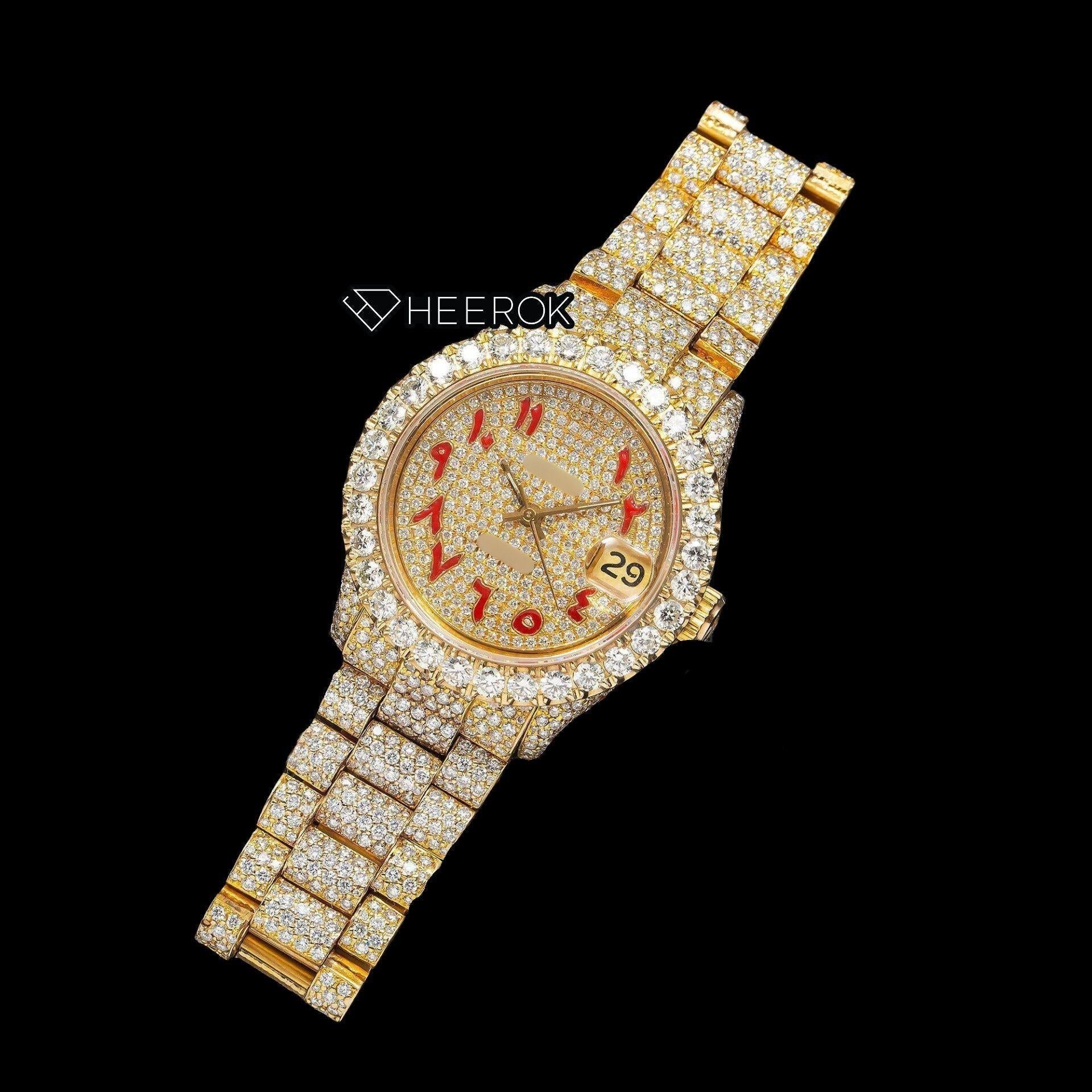 Rolex Datejust Full Pave Yellow Dial Red Arabic Numerals Diamond Bezel Yellow Gold Fully Iced Moissanite Diamond President Bracelet For Women