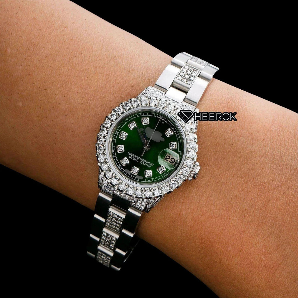 Rolex Datejust Green Dial Diamond Markers Diamond Bezel Semi Iced Moissanite Diamond Oyster Bracelet For Women
