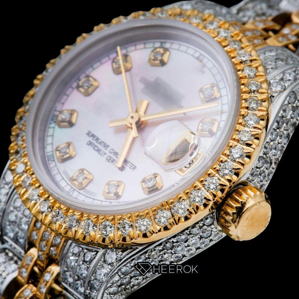 Rolex Datejust Pink Dial Diamond Markers Diamond Bezel Two Tone Yellow Gold Fully Iced Moissanite Diamond Jubilee Bracelet For Women
