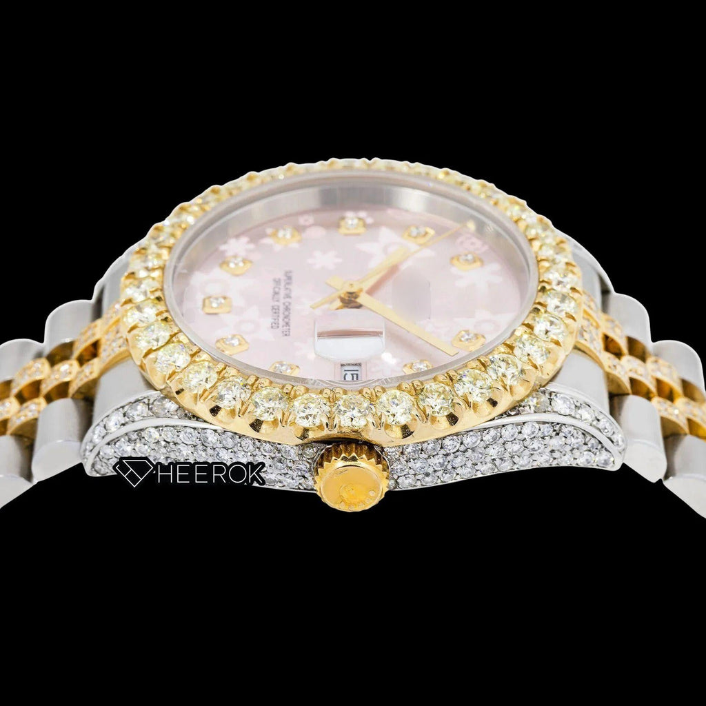 Rolex Datejust Pink Floral Dial Diamond Markers Large Round Diamond Bezel Two Tone Yellow Gold Semi Iced Moissanite Diamond Jubilee Bracelet For Women