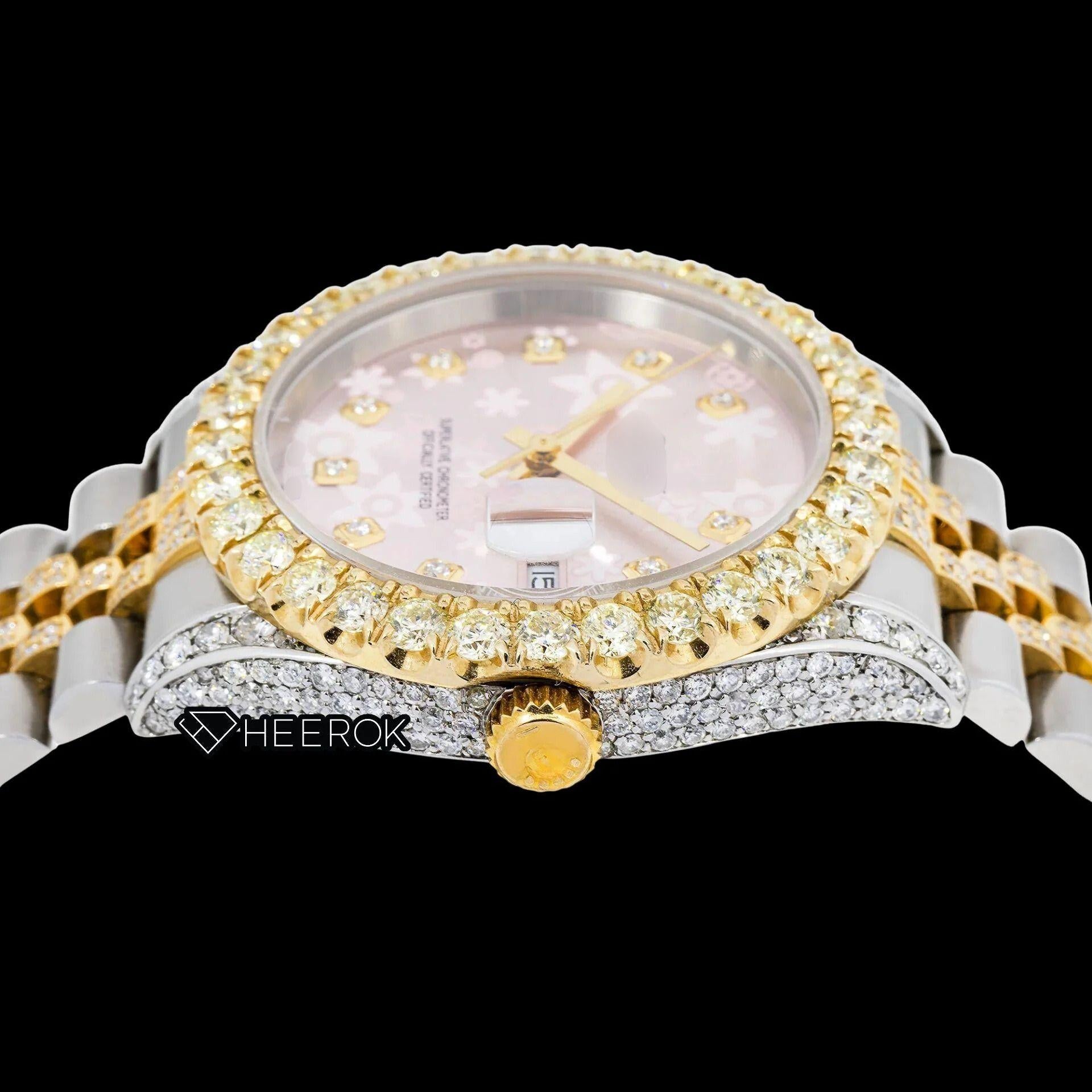 Rolex Datejust Pink Floral Dial Diamond Markers Large Round Diamond Bezel Two Tone Yellow Gold Semi Iced Moissanite Diamond Jubilee Bracelet For Women