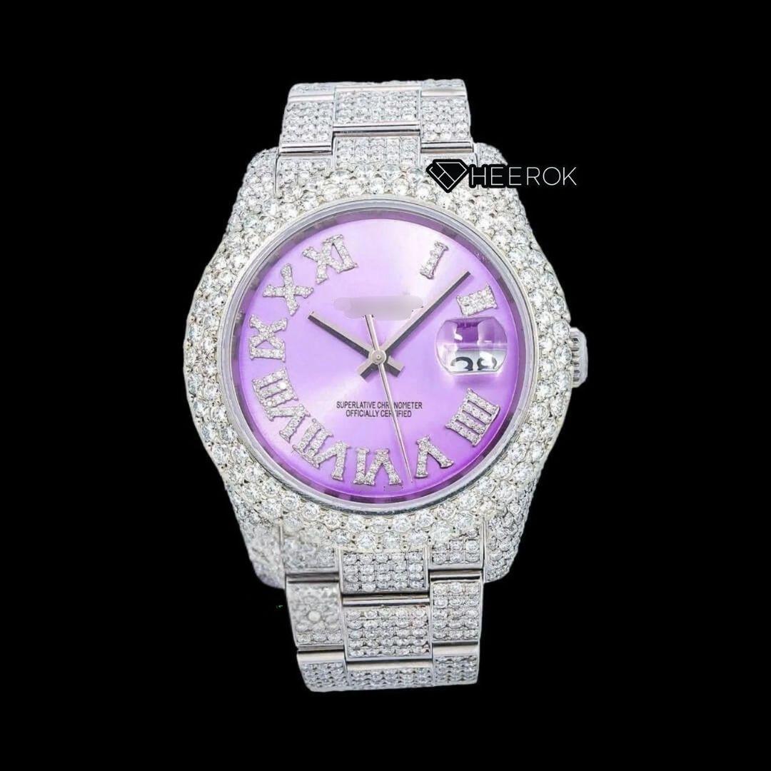 Rolex Datejust Purple Dial Roman Diamond Markers Diamond Bezel Fully Iced Moissanite Diamond Oyster Bracelet