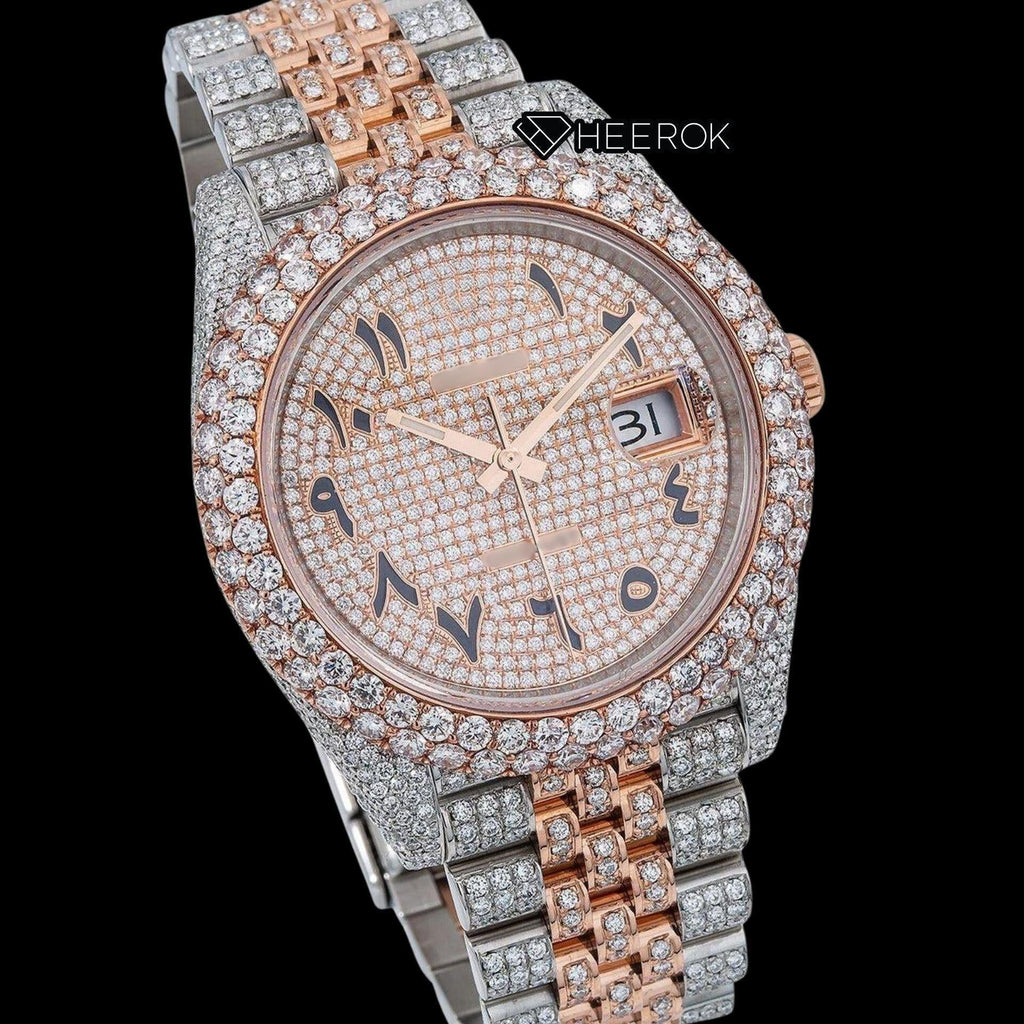 Rolex Datejust Rose Gold Diamond Paved Dial Arabic Numerals Diamond Bezel Two Tone Rose Gold Fully Iced Moissanite Diamond Jubilee Bracelet