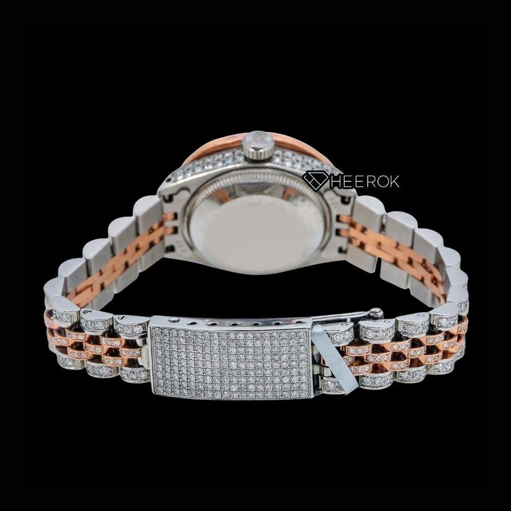 Rolex Datejust White Dial Diamond Markers Baguette Diamond Bezel Two Tone Rose Gold Moissanite Diamond Jubilee Bracelet For Women