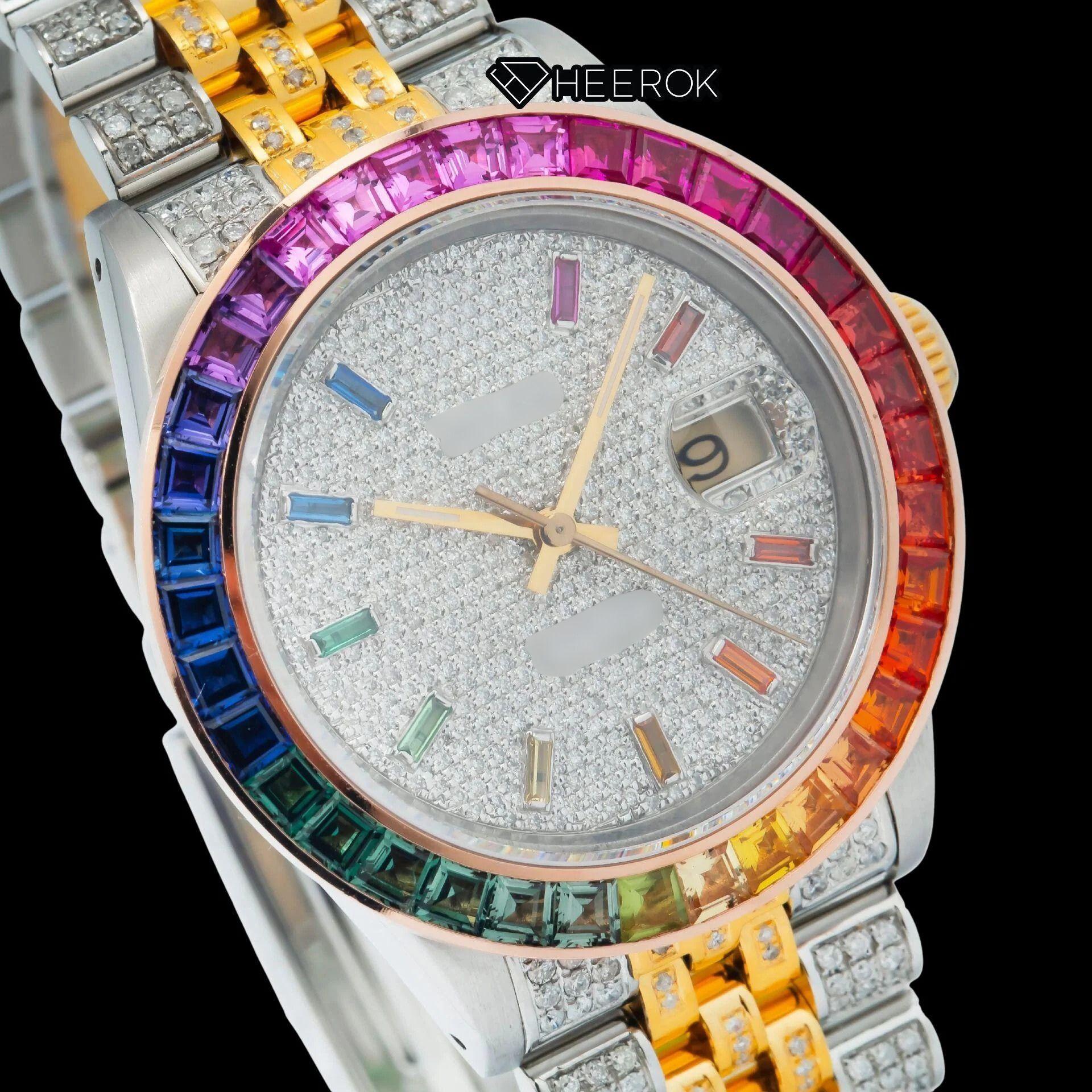 Rolex Datejust White Dial Multicolor Diamond Stick Markers Rainbow Diamond Bezel Two Tone Yellow Gold Fully Iced Moissanite Diamond Jubilee Bracelet For Women