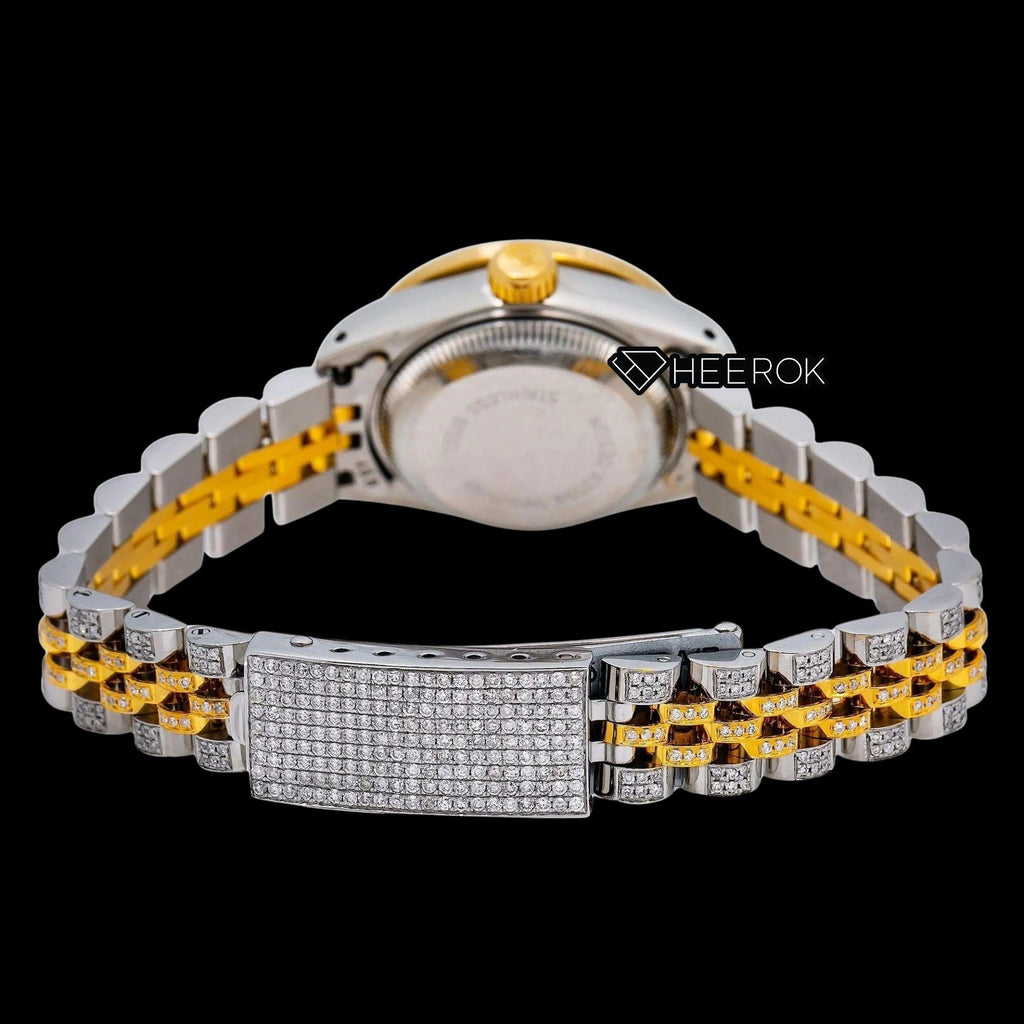 Rolex Datejust White Dial Roman Numerals Inner Pave Diamond Bezel Two Tone Yellow Gold Moissanite Diamond Jubilee Bracelet For Women