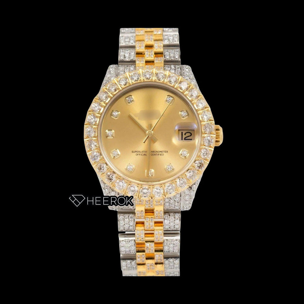 Rolex Datejust Yellow Dial Diamond Markers Diamond Bezel Two Tone Yellow Gold Iced Out Moissanite Diamond Jubilee Bracelet For Women
