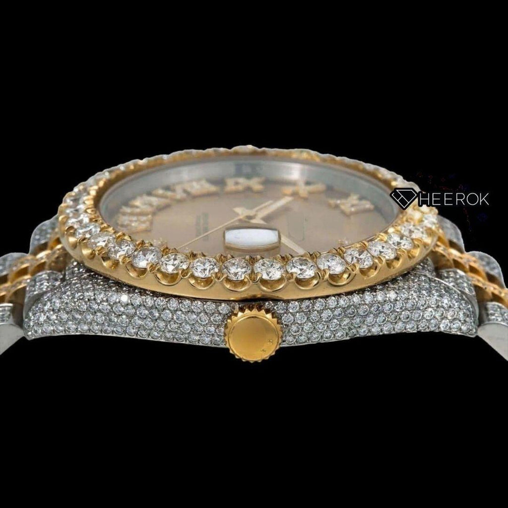 Rolex Datejust Yellow Dial Roman Diamond Markers Diamond Bezel Two Tone Yellow Gold Moissanite Diamond Jubilee Bracelet For Women
