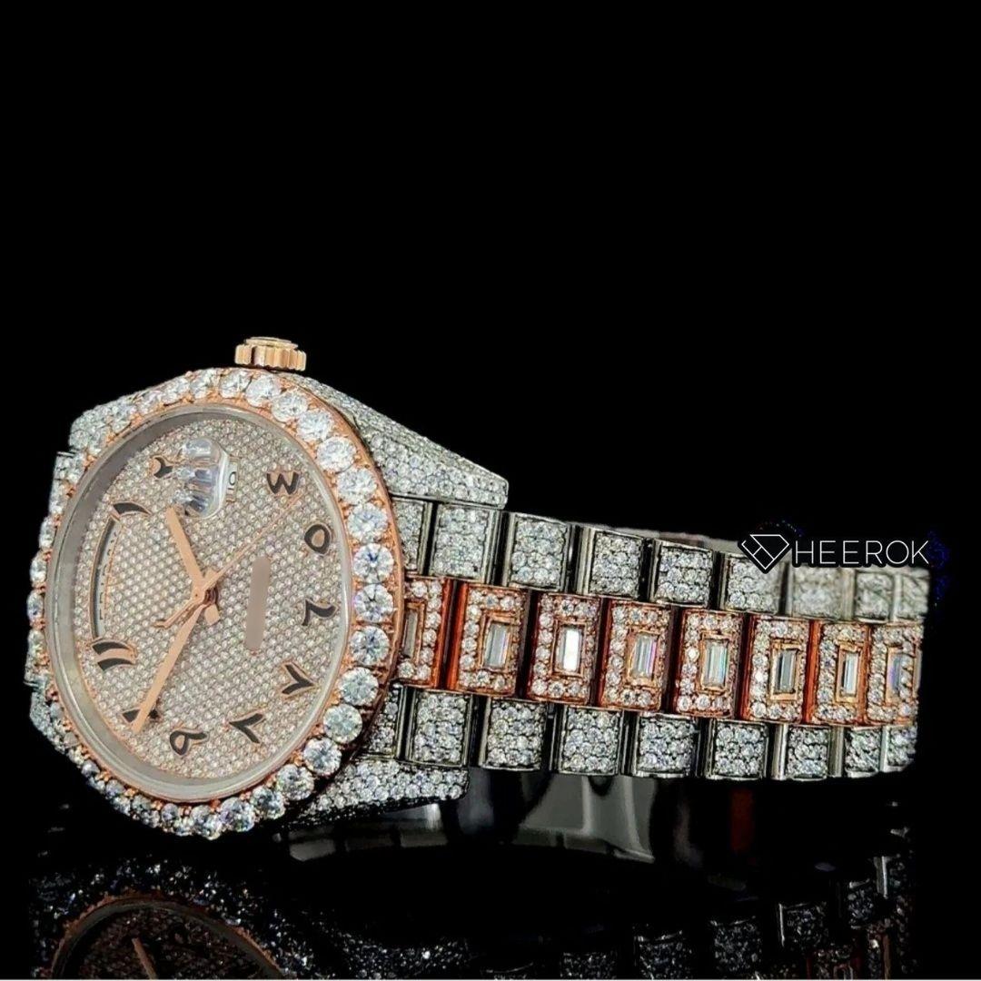Rolex Day-Date Black Arabic Dial Diamond Bezel Two Tone Rose Gold Fully Iced Moissanite Diamond President Bracelet