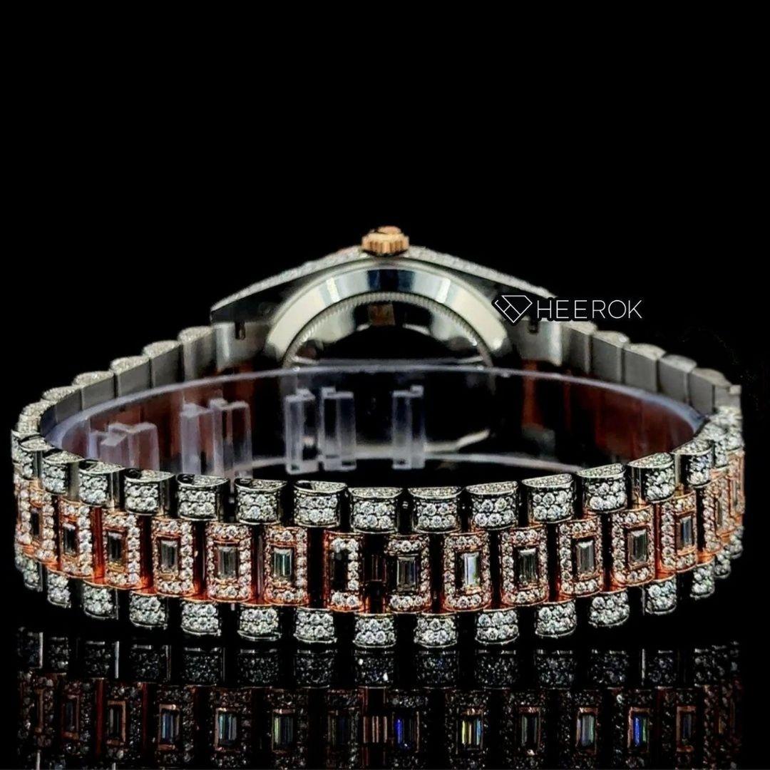 Rolex Day-Date Black Arabic Dial Diamond Bezel Two Tone Rose Gold Fully Iced Moissanite Diamond President Bracelet