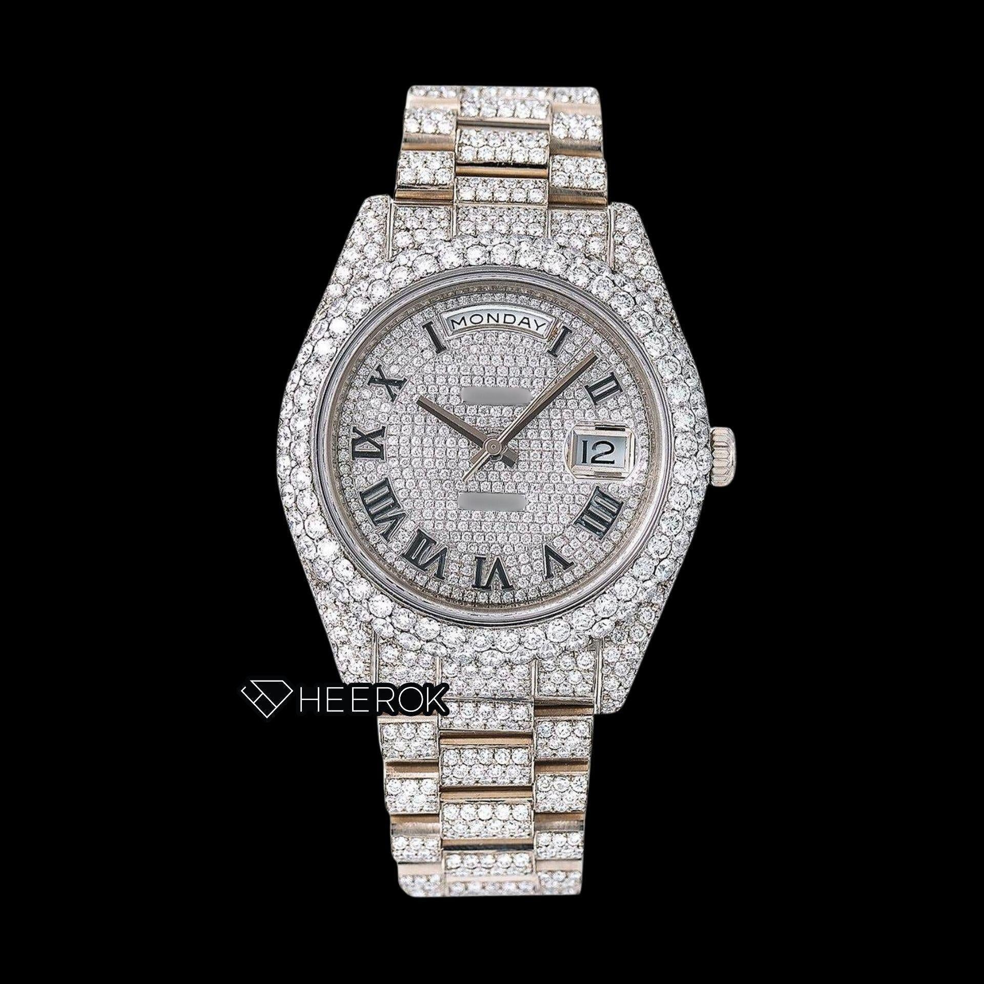 Rolex Day-Date Full Diamond Paved Dial Black Roman Numerals Diamond Bezel Fully Iced Out Moissanite Diamond President Bracelet